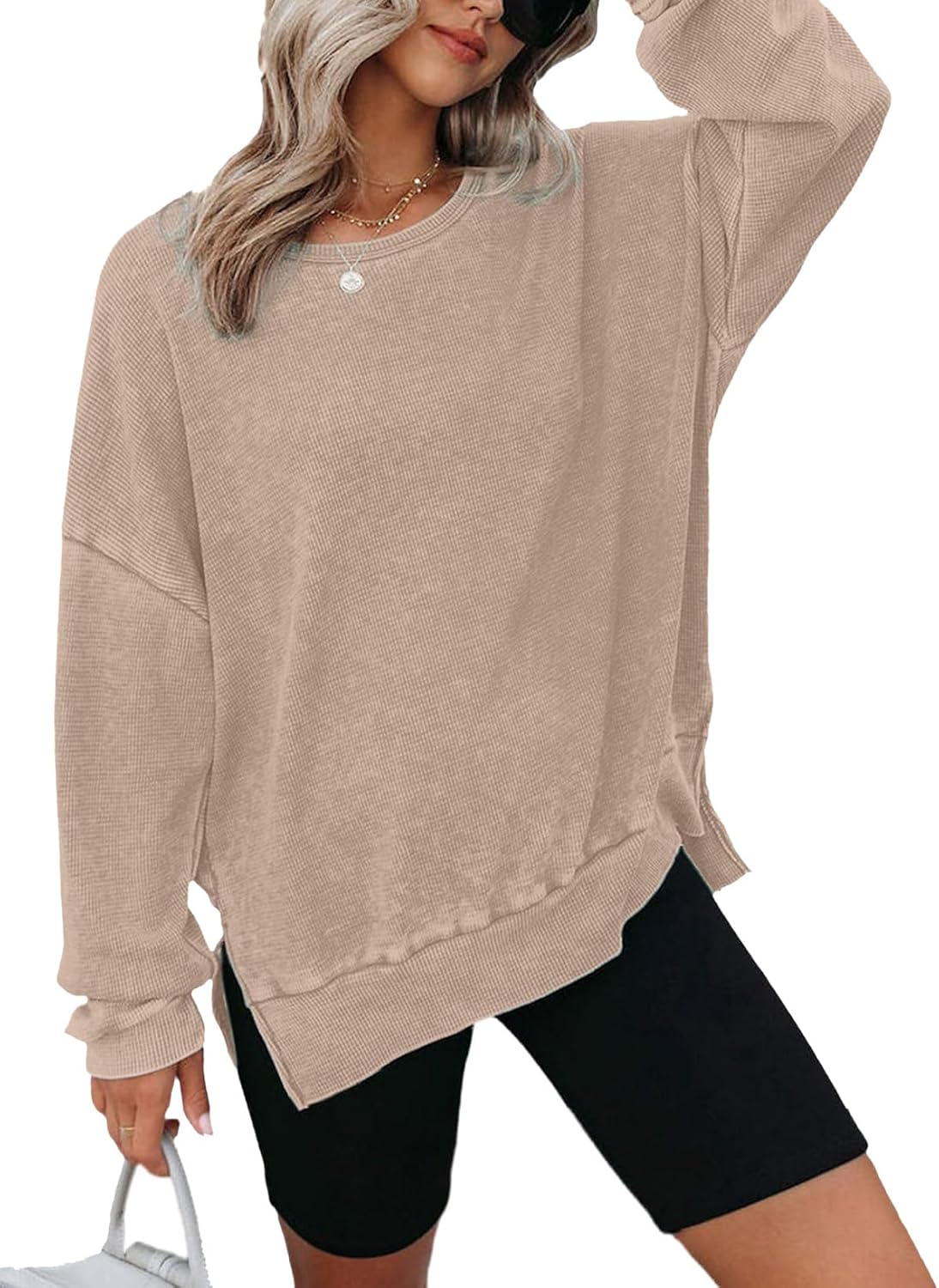 Dokotoo Womens Oversized Waffle Knit Crewneck Sweatshirts Long Sleeve Side Slits Casual Pullover Sweatshirt Tops Dokotoo Womens Oversized Waffle Knit Crewneck Sweatshirts Long Sleeve Side Slits Casual Pullover Sweatshirt Tops