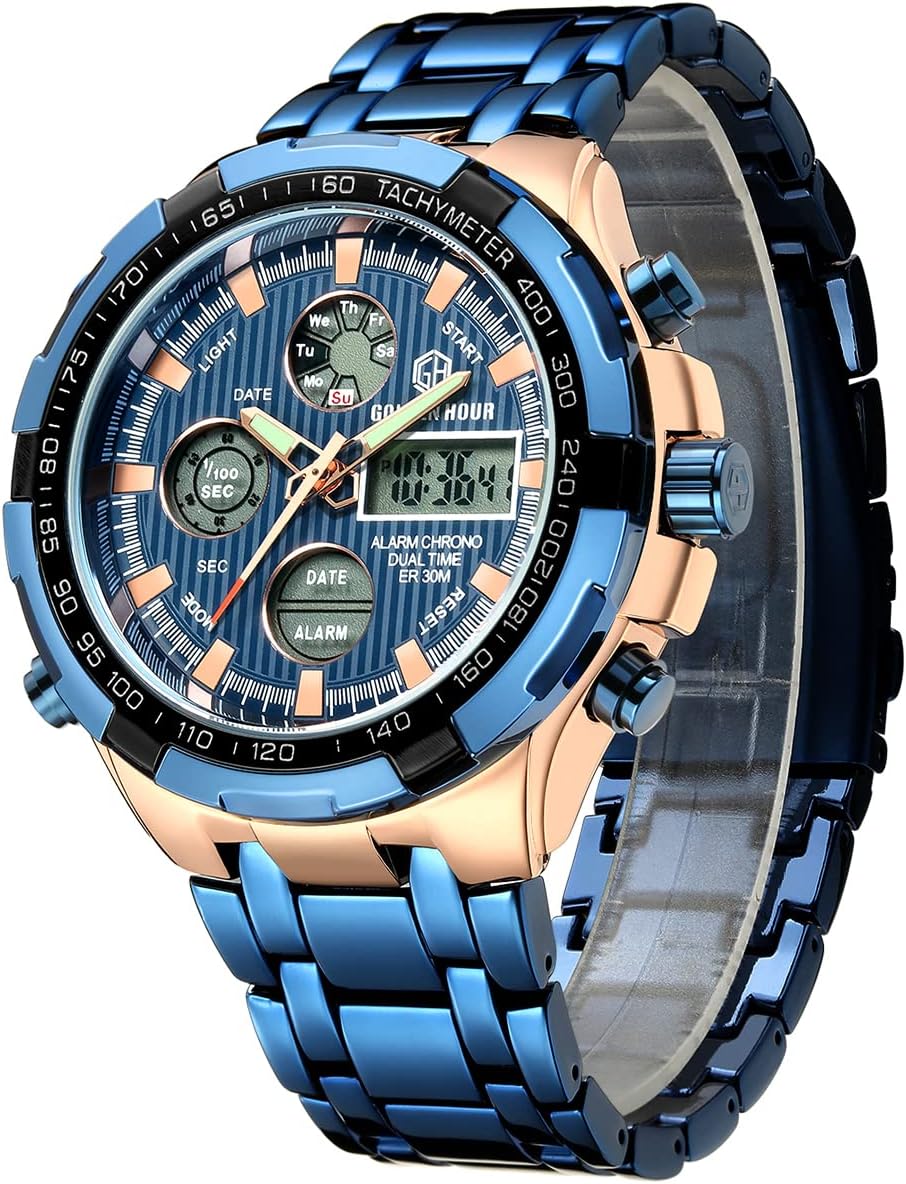 GOLDEN HOUR Luxury Stainless Steel Analog Digital Watches for Men Male Outdoor Sport Waterproof Big Heavy Wristwatch GOLDEN HOUR Luxury Stainless Steel Analog Digital Watches for Men Male Outdoor Sport Waterproof Big Heavy Wristwatch