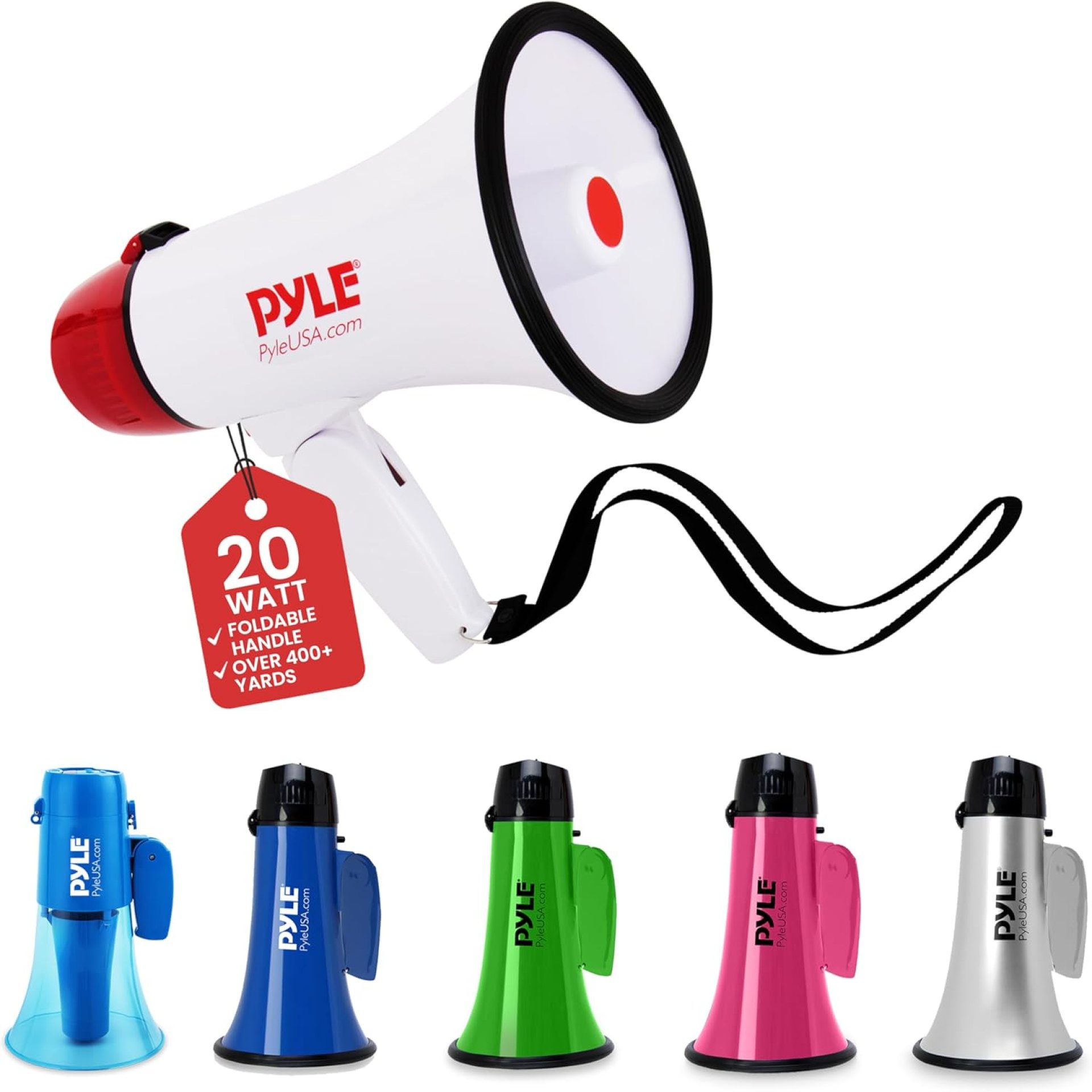 Pyle 20W Megaphone Bullhorn – 5.4” x 8.6” Portable Megaphone, Projection Range Up to 800 Sq. Yards, Voice Talking & Siren Alert, Shoulder Strap, Battery Operated, (White) Pyle 20W Megaphone Bullhorn – 5.4” x 8.6” Portable Megaphone, Projection Range Up to 800 Sq. Yards, Voice Talking & Siren Alert, Shoulder Strap, Battery Operated, (White)