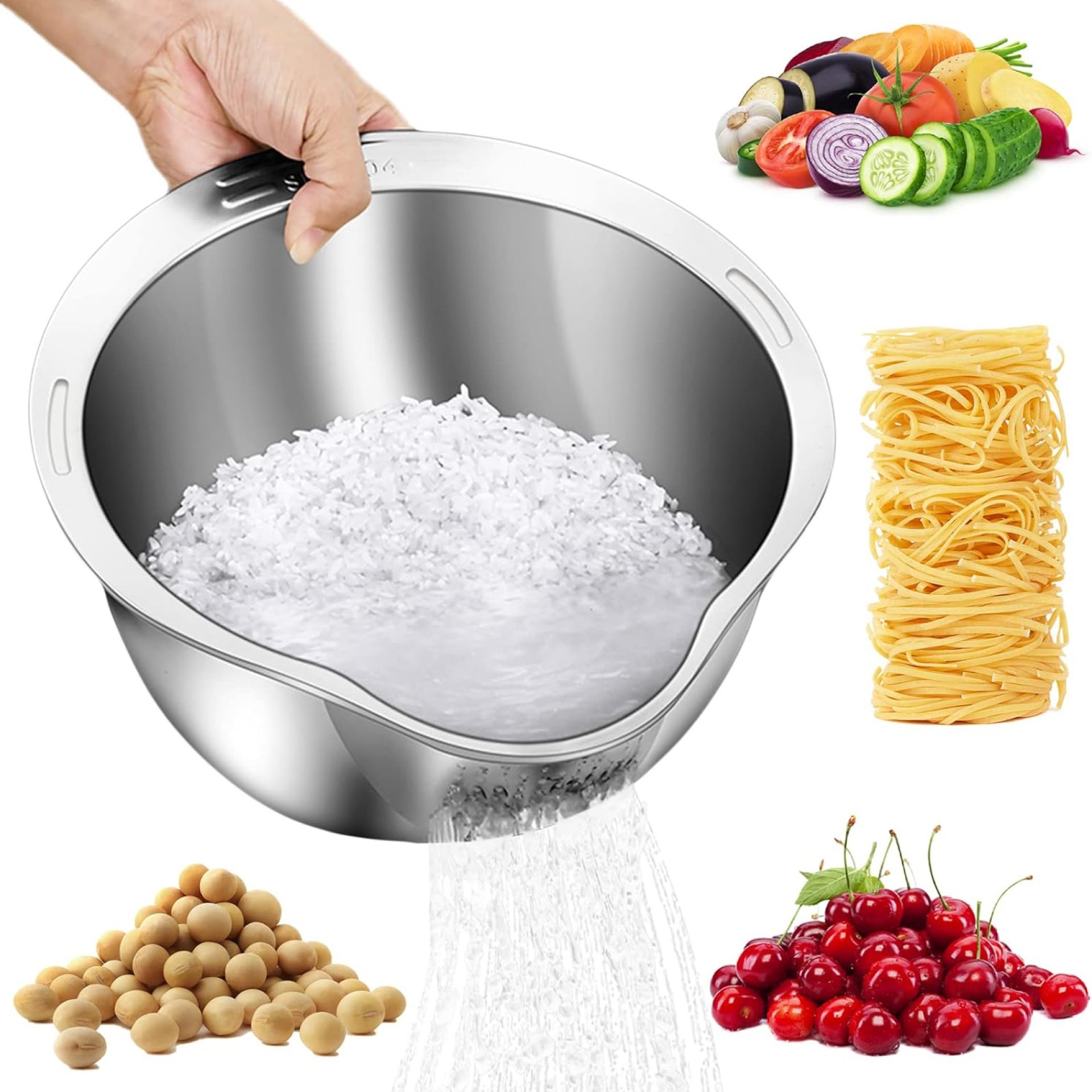 Rice Washer Strainer Bowl – 4-in-1 Washing Bowl for Quinoa, Stainless Steel Rinser With Side Drainers Small Colander for Cleaning Fruits, Vegetables, and Beans – Versatile Kitchen Tool Rice Washer Strainer Bowl – 4-in-1 Washing Bowl for Quinoa, Stainless Steel Rinser With Side Drainers Small Colander for Cleaning Fruits, Vegetables, and Beans – Versatile Kitchen Tool