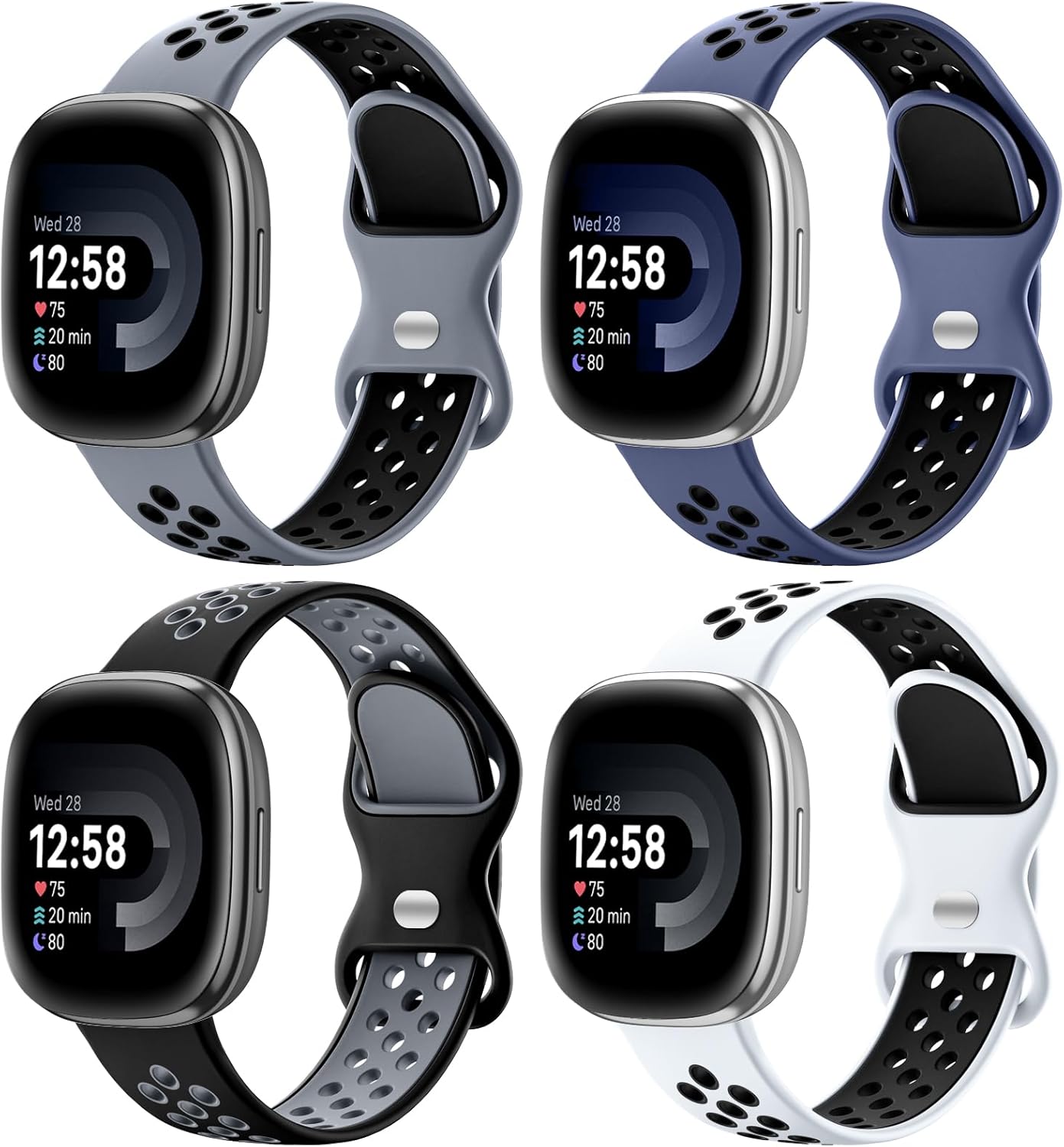 Maledan 4 Pack Sport Band Compatible With Fitbit Versa 3/4 and Sense/Sense 2 Smart Watch, Soft Wristband Replacement Accessories for Women and Men Maledan 4 Pack Sport Band Compatible With Fitbit Versa 3/4 and Sense/Sense 2 Smart Watch, Soft Wristband Replacement Accessories for Women and Men