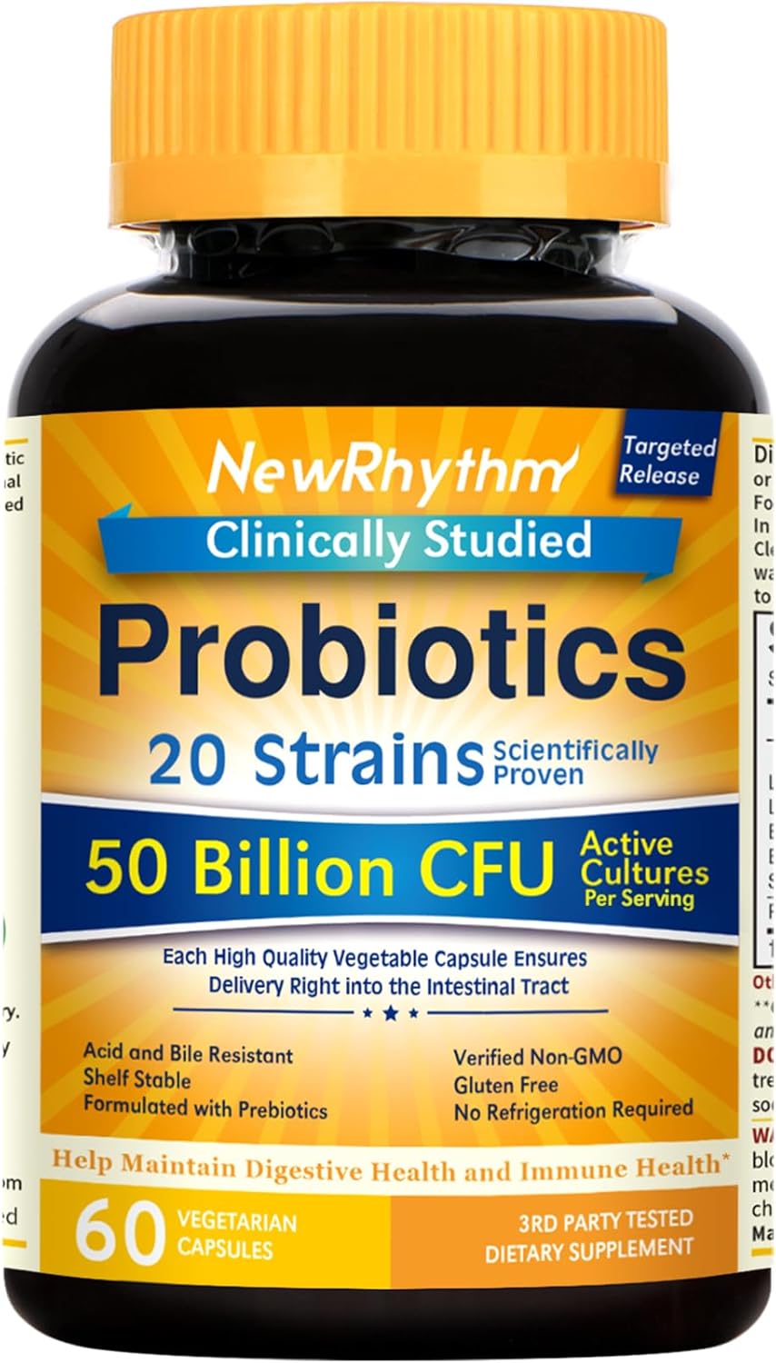 NewRhythm Probiotics 50 Billion CFU 20 Strains, 60 Veggie Capsules, Targeted Release Technology, Stomach Acid Resistant, No Need for Refrigeration, Non-GMO, Gluten Free NewRhythm Probiotics 50 Billion CFU 20 Strains, 60 Veggie Capsules, Targeted Release Technology, Stomach Acid Resistant, No Need for Refrigeration, Non-GMO, Gluten Free