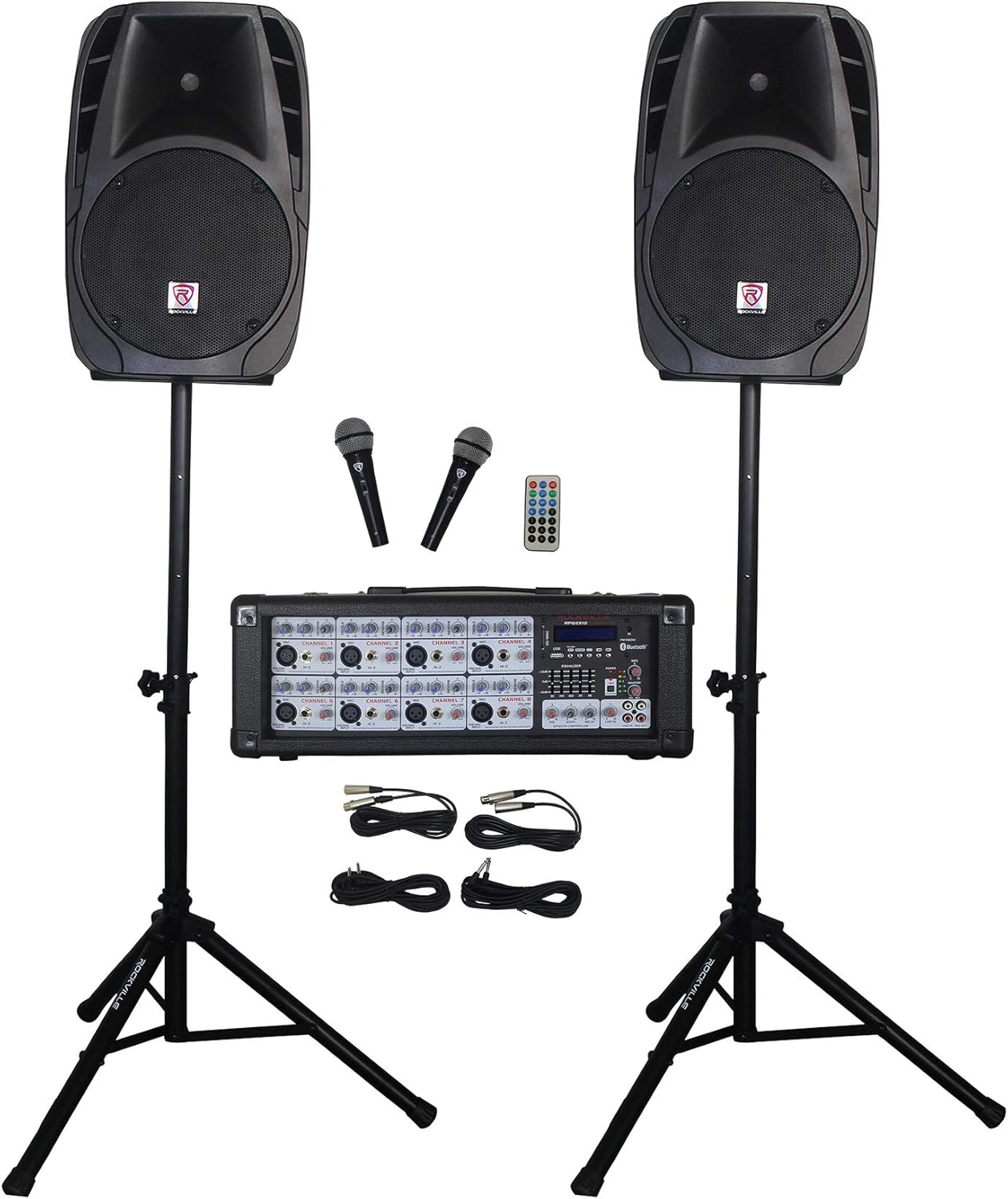 Rockville RPG2X12 Package PA System Mixer/Amp+12″ Speakers+Stands+Mics+Bluetooth Rockville RPG2X12 Package PA System Mixer/Amp+12″ Speakers+Stands+Mics+Bluetooth