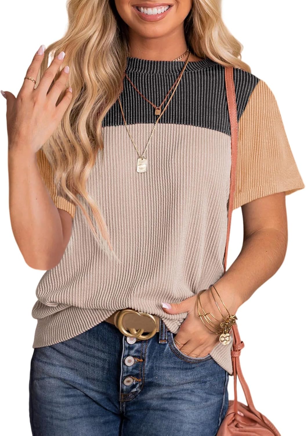 Dokotoo Womens Color Block Fashion Short Sleeve Crewneck Knitted Spring Summer Casual Loose T Shirts Tops Dokotoo Womens Color Block Fashion Short Sleeve Crewneck Knitted Spring Summer Casual Loose T Shirts Tops