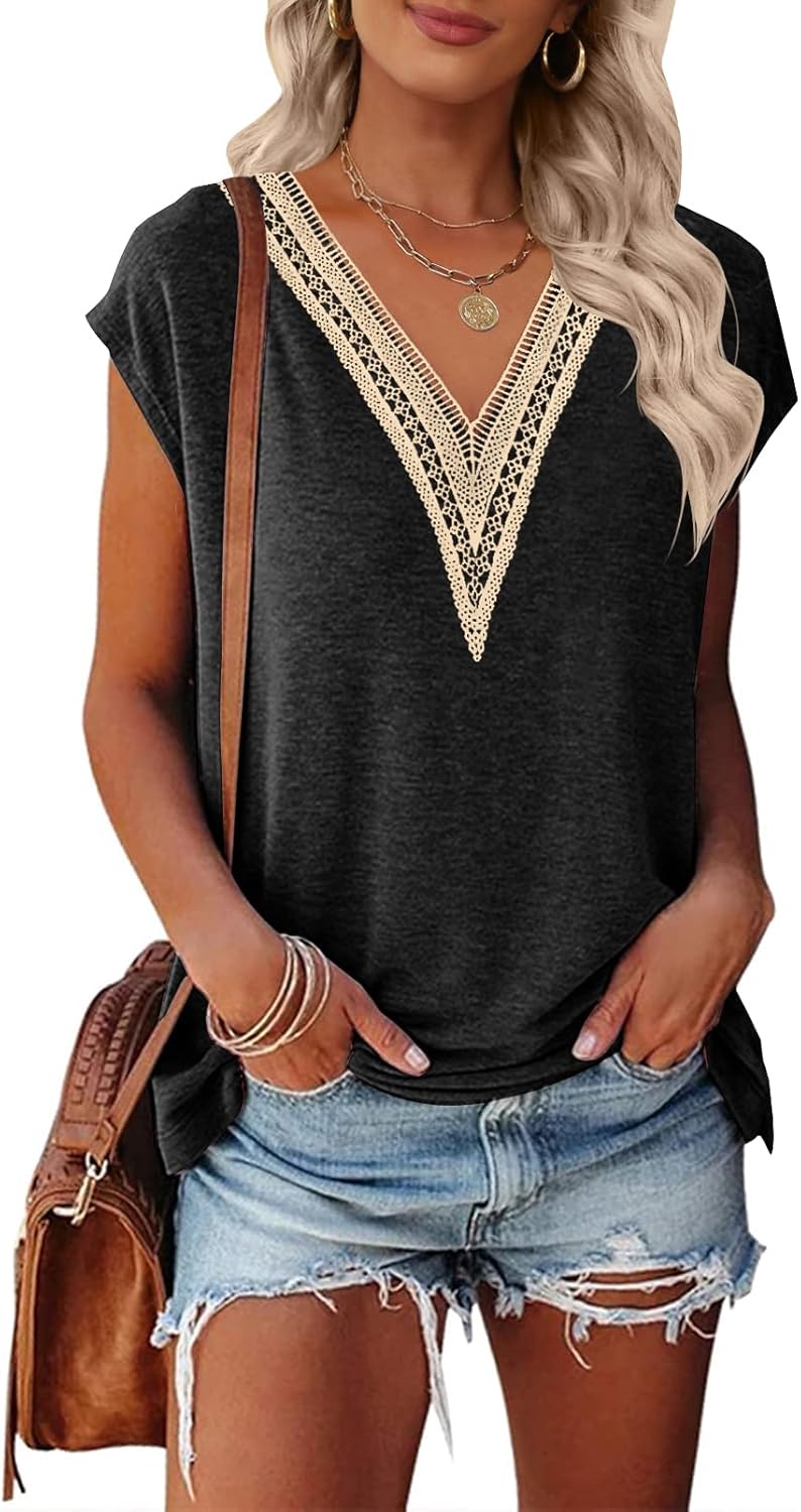 MEROKEETY Women’s Casual Cap Sleeve Lace Trim V Neck Tops 2025 Summer Loose Tee Shirts Blouse MEROKEETY Women’s Casual Cap Sleeve Lace Trim V Neck Tops 2025 Summer Loose Tee Shirts Blouse