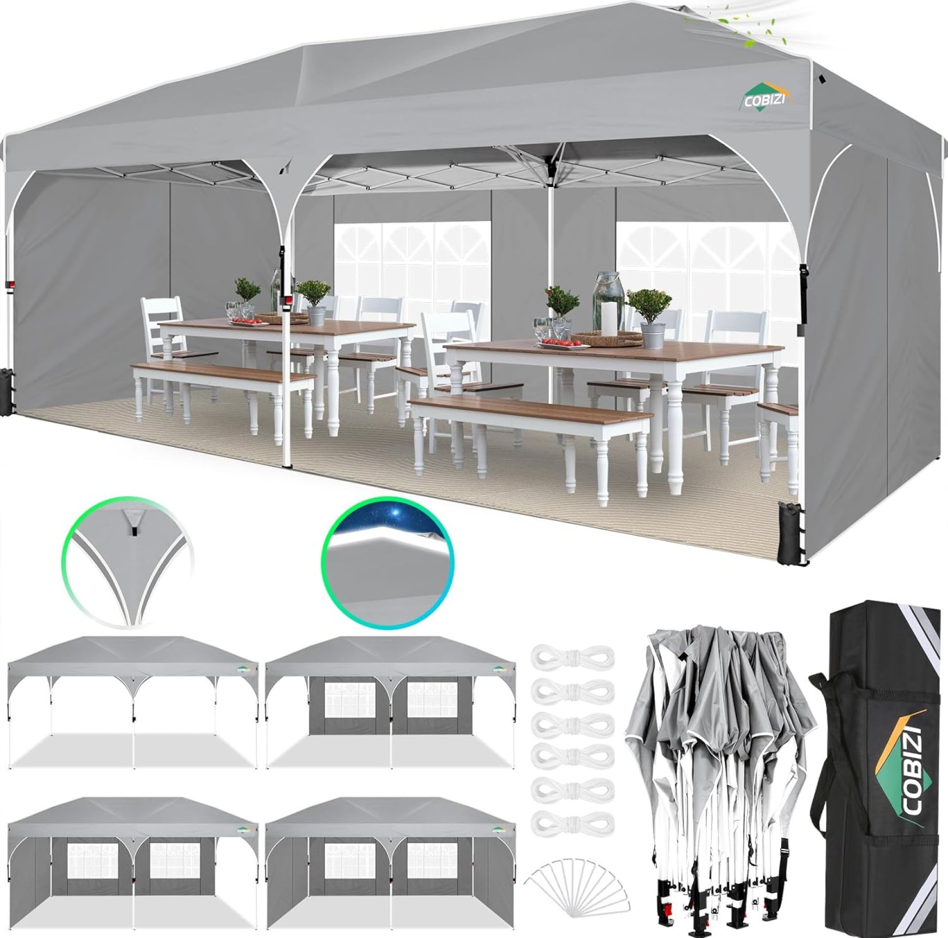 COBIZI 10×20 Pop up Canopy Tent with 4 Sidewalls Outdoor Canopy Tent for Party with Push Center Lock & Air Vent, 2000mm+Waterproof Gazebo Canopy UPF 50+with 4 Sandbags,12 Stakes & 6 Ropes,Grey COBIZI 10×20 Pop up Canopy Tent with 4 Sidewalls Outdoor Canopy Tent for Party with Push Center Lock & Air Vent, 2000mm+Waterproof Gazebo Canopy UPF 50+with 4 Sandbags,12 Stakes & 6 Ropes,Grey