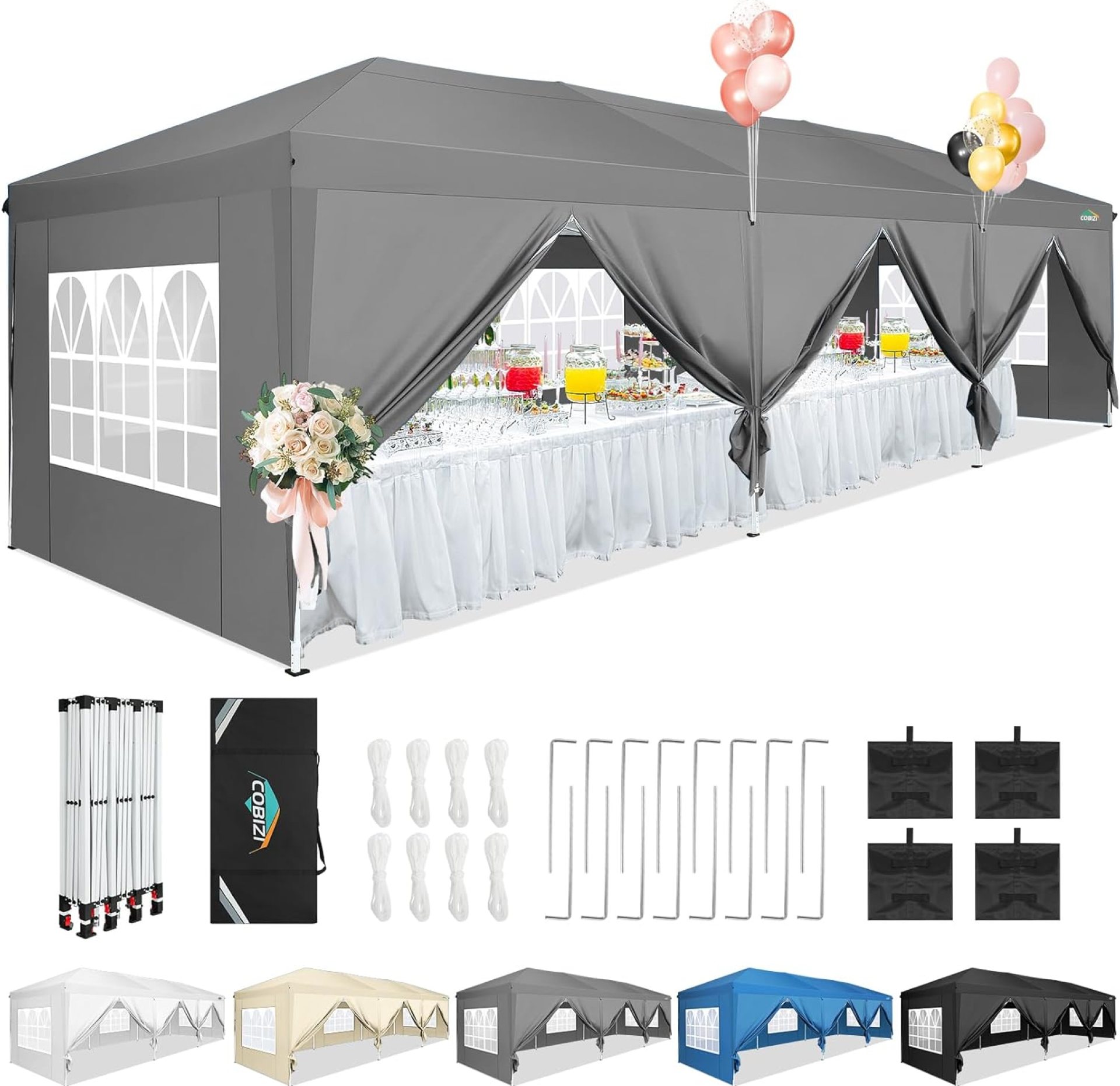 COBIZI 10×30 Canopy Party Tent with 8 Walls 10×30 Pop Up Tent for Parties Waterproof UPF 50+ Outdoor Commercial Event Tent for Party Backyard Gazebo Canopy with Sidewalls & Sandbags(Grey,10x30ft) COBIZI 10×30 Canopy Party Tent with 8 Walls 10×30 Pop Up Tent for Parties Waterproof UPF 50+ Outdoor Commercial Event Tent for Party Backyard Gazebo Canopy with Sidewalls & Sandbags(Grey,10x30ft)