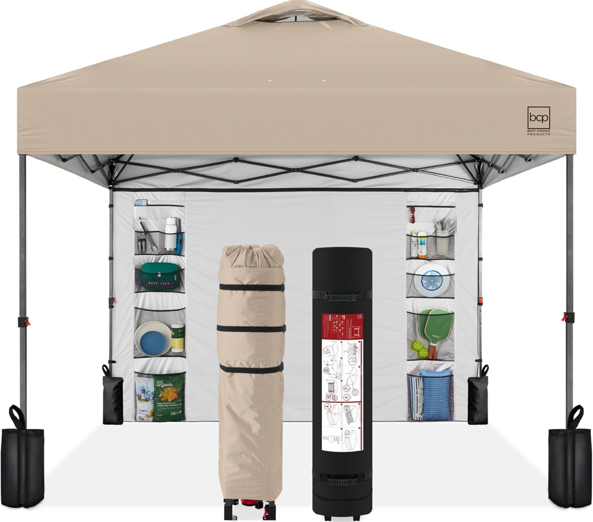 Best Choice Products 10x10ft Easy Pop Up Canopy w/Side Wall, 10 Pockets, Portable Carrying Case, 1-Button Setup, 4 Weight Bags – Sand Best Choice Products 10x10ft Easy Pop Up Canopy w/Side Wall, 10 Pockets, Portable Carrying Case, 1-Button Setup, 4 Weight Bags – Sand