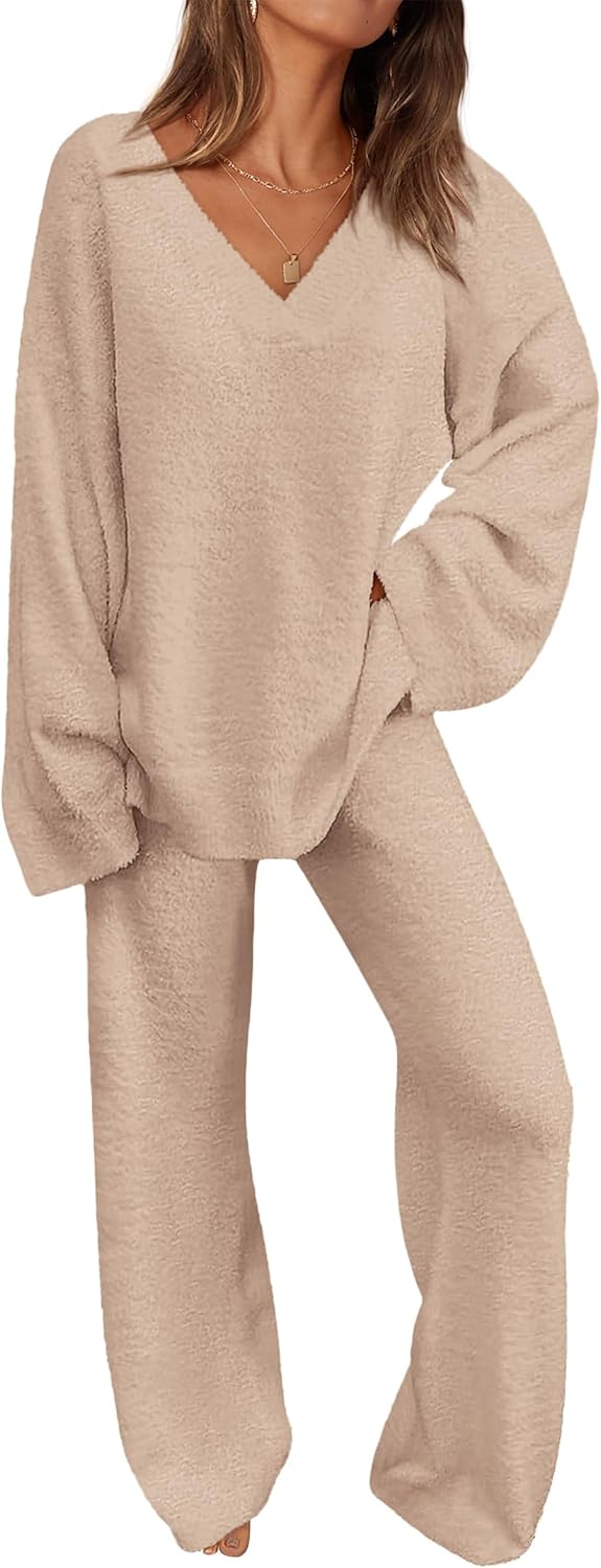 PRETTYGARDEN Women’s 2 Piece Pullover Sweater Set Oversized V Neck Top Wide Leg Pants Fall Winter Fuzzy Lounge Outfit PRETTYGARDEN Women’s 2 Piece Pullover Sweater Set Oversized V Neck Top Wide Leg Pants Fall Winter Fuzzy Lounge Outfit
