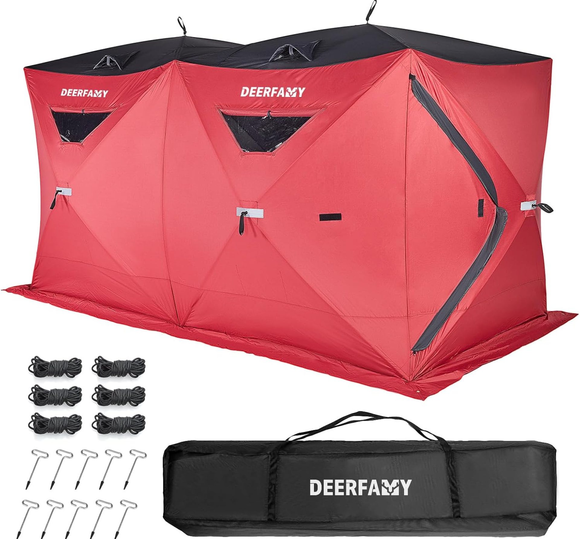 DEERFAMY Ice Fishing Shelter, 3/4/6/8 Person Tent, Pop Up Shanty With Carrying Bag, Anchors, Red/Blue DEERFAMY Ice Fishing Shelter, 3/4/6/8 Person Tent, Pop Up Shanty With Carrying Bag, Anchors, Red/Blue