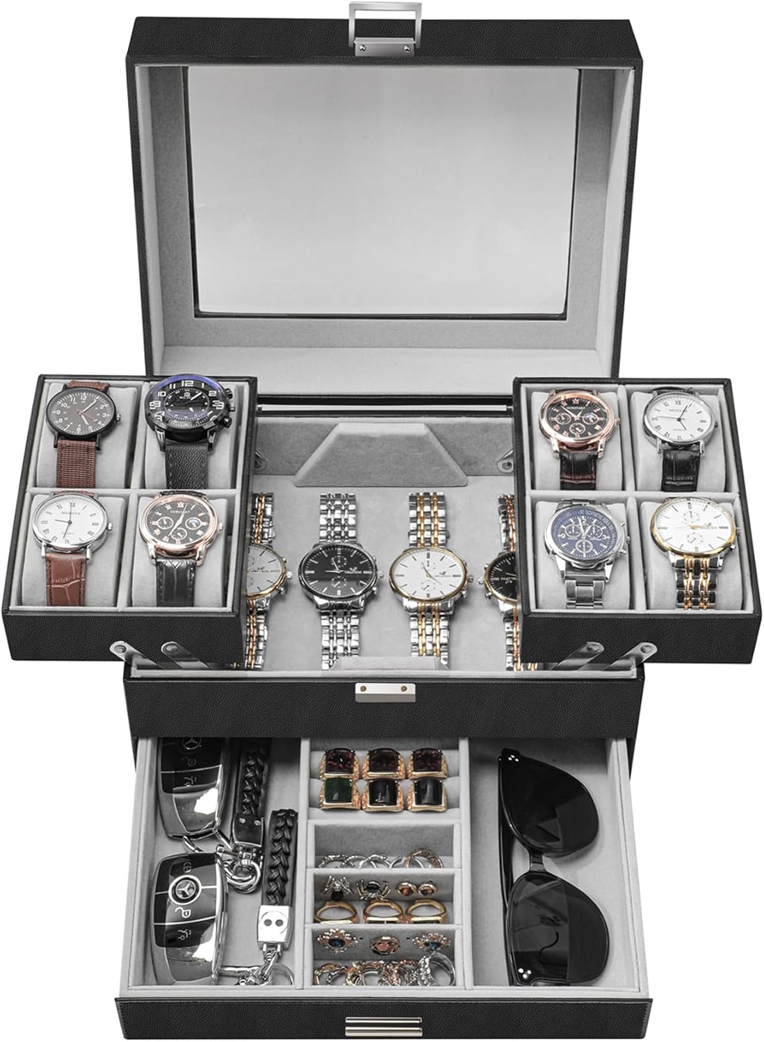Dajasan Watch Box, Watch Case for Men, 8 Slot Watch Display Case, 3 Layers Large Sunglass Storage Organizer for Watch, Ring, Jewelry, Gift Idea, PU Leather (Black) Dajasan Watch Box, Watch Case for Men, 8 Slot Watch Display Case, 3 Layers Large Sunglass Storage Organizer for Watch, Ring, Jewelry, Gift Idea, PU Leather (Black)