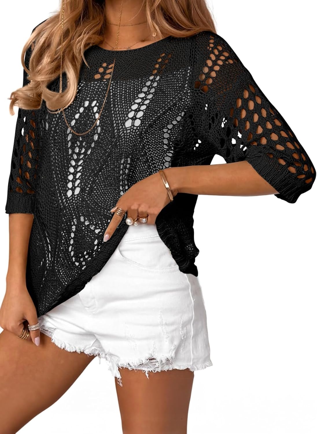 EVALESS Womens Crochet Hollow Out Knit Tops Half Sleeve Spring Summer Sweaters Beach Cover Ups for Women Trendy 2025 EVALESS Womens Crochet Hollow Out Knit Tops Half Sleeve Spring Summer Sweaters Beach Cover Ups for Women Trendy 2025