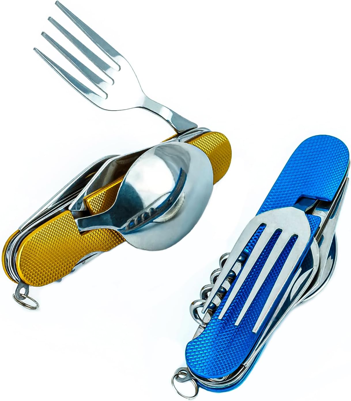 Cluck 6-in-1 Multi-Function Camping Flatware Utensil Folding Knife Cutlery Detachable Pocket Kits with Carrying Pouch (Gold + Blue) Cluck 6-in-1 Multi-Function Camping Flatware Utensil Folding Knife Cutlery Detachable Pocket Kits with Carrying Pouch (Gold + Blue)