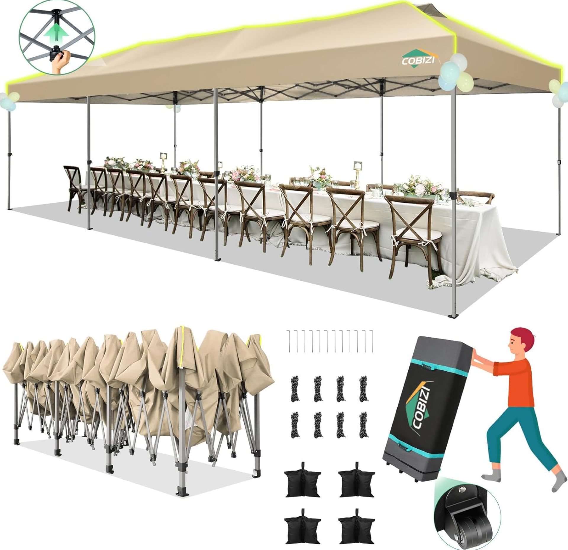 COBIZI 10×30 Pop Up Canopy Tent Without Removable Sidewalls, One Push Party Tent Outdoor Waterproof Event Canopy with Air Vent for Parties Commercial Wedding, 3 Height, Wheeled Bag, Sandbag, Khaki COBIZI 10×30 Pop Up Canopy Tent Without Removable Sidewalls, One Push Party Tent Outdoor Waterproof Event Canopy with Air Vent for Parties Commercial Wedding, 3 Height, Wheeled Bag, Sandbag, Khaki