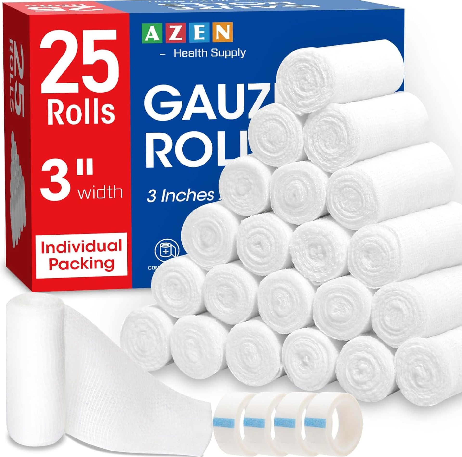 AZEN 25 Pack Gauze Rolls Bandages, 3 in x 4.1 Yards, Premium Medical Supplies & First Aid Supplies, Bandage Wrap Vet Wrap, Mummy Wraps AZEN 25 Pack Gauze Rolls Bandages, 3 in x 4.1 Yards, Premium Medical Supplies & First Aid Supplies, Bandage Wrap Vet Wrap, Mummy Wraps