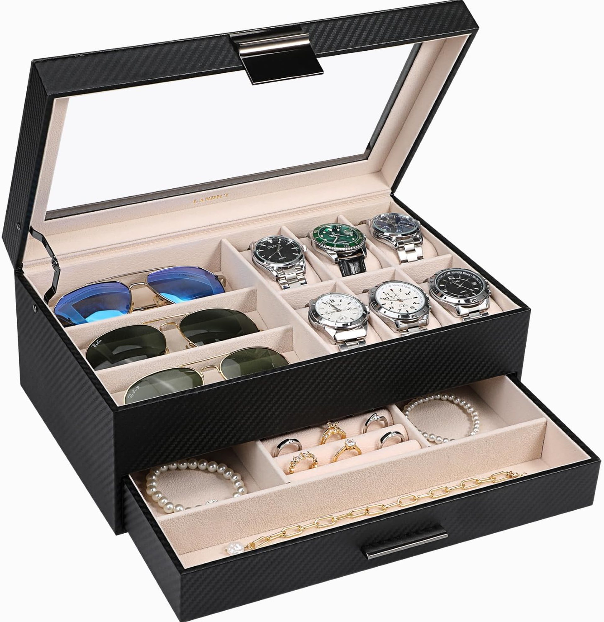 LANDICI Watch Box for Men Women 2 Layer PU Leather Watch Organizer Storage Case,Large Jewelry Box Watch Holder Organizer Display for Watch Sunglasses Bracelet Necklace Ring,Black & Apricot LANDICI Watch Box for Men Women 2 Layer PU Leather Watch Organizer Storage Case,Large Jewelry Box Watch Holder Organizer Display for Watch Sunglasses Bracelet Necklace Ring,Black & Apricot
