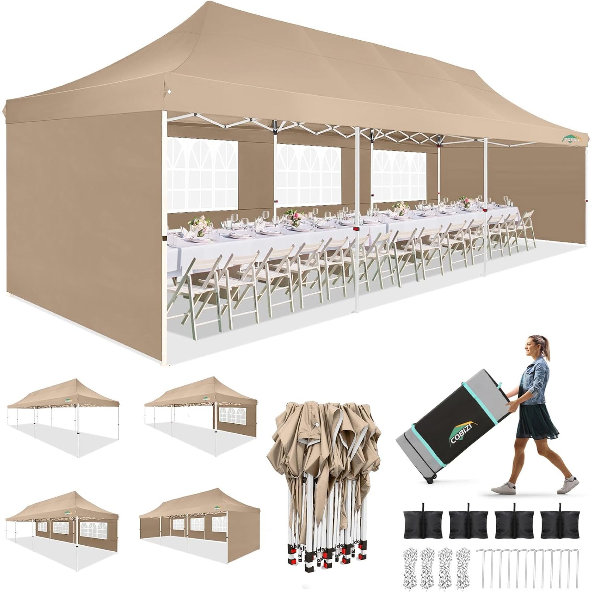 COBIZI 10×30 Pop up Canopy with 5 Removable Sidewalls & 4 Sandbags, Canopy Tent for Parties, Wedding, and Commercials, Waterproof and Instant Shelter UV50+ Ez Outdoor Canopy Tent with Roller Bag,Khaki COBIZI 10×30 Pop up Canopy with 5 Removable Sidewalls & 4 Sandbags, Canopy Tent for Parties, Wedding, and Commercials, Waterproof and Instant Shelter UV50+ Ez Outdoor Canopy Tent with Roller Bag,Khaki
