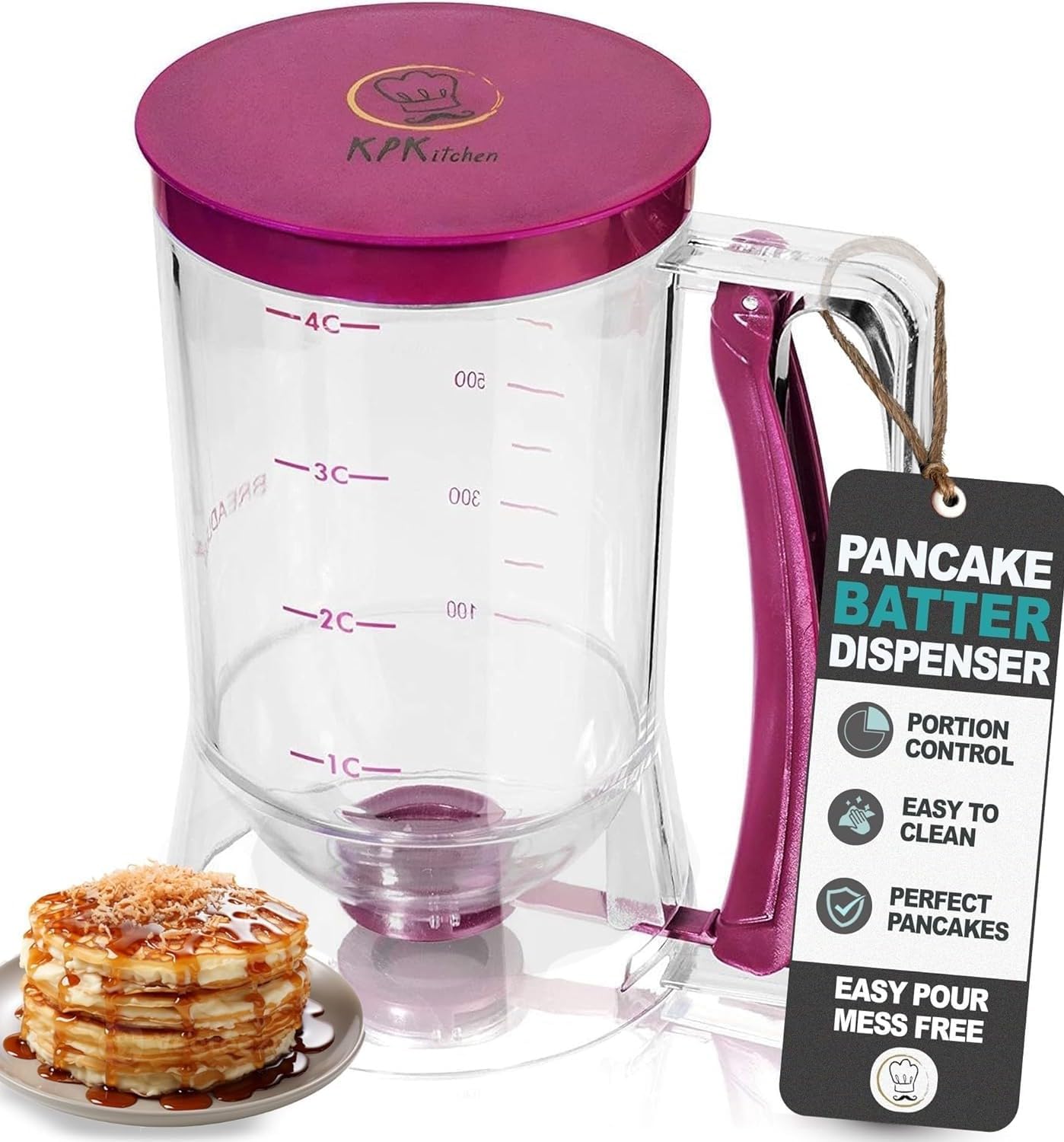 KPKitchen Pancake Batter Dispenser – Kitchen Must Have Tool for Perfect Pancakes, Cupcake, Waffle, Muffin Mix, Cake & Crepe – Easy Pour Baking Supplies for Griddle – Pancake Maker with Measuring Label KPKitchen Pancake Batter Dispenser – Kitchen Must Have Tool for Perfect Pancakes, Cupcake, Waffle, Muffin Mix, Cake & Crepe – Easy Pour Baking Supplies for Griddle – Pancake Maker with Measuring Label