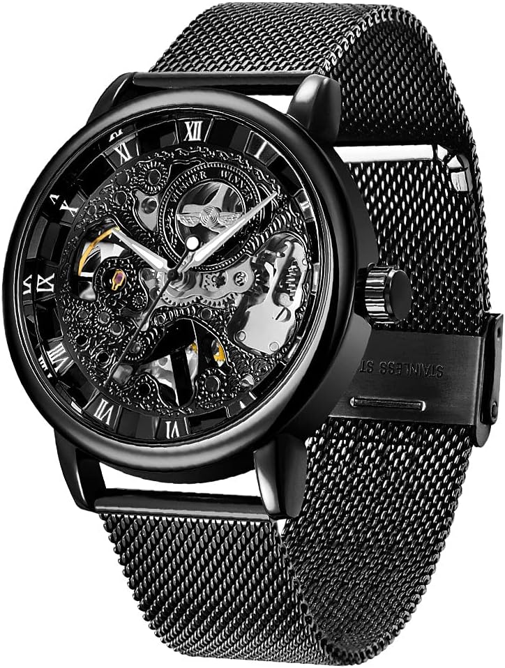 Men’s Skeleton Mechanical Roman Numeral Mesh Strap Watch, Hand Winding Mechanical Mesh Luminous Waterproof Watch for Men Men’s Skeleton Mechanical Roman Numeral Mesh Strap Watch, Hand Winding Mechanical Mesh Luminous Waterproof Watch for Men