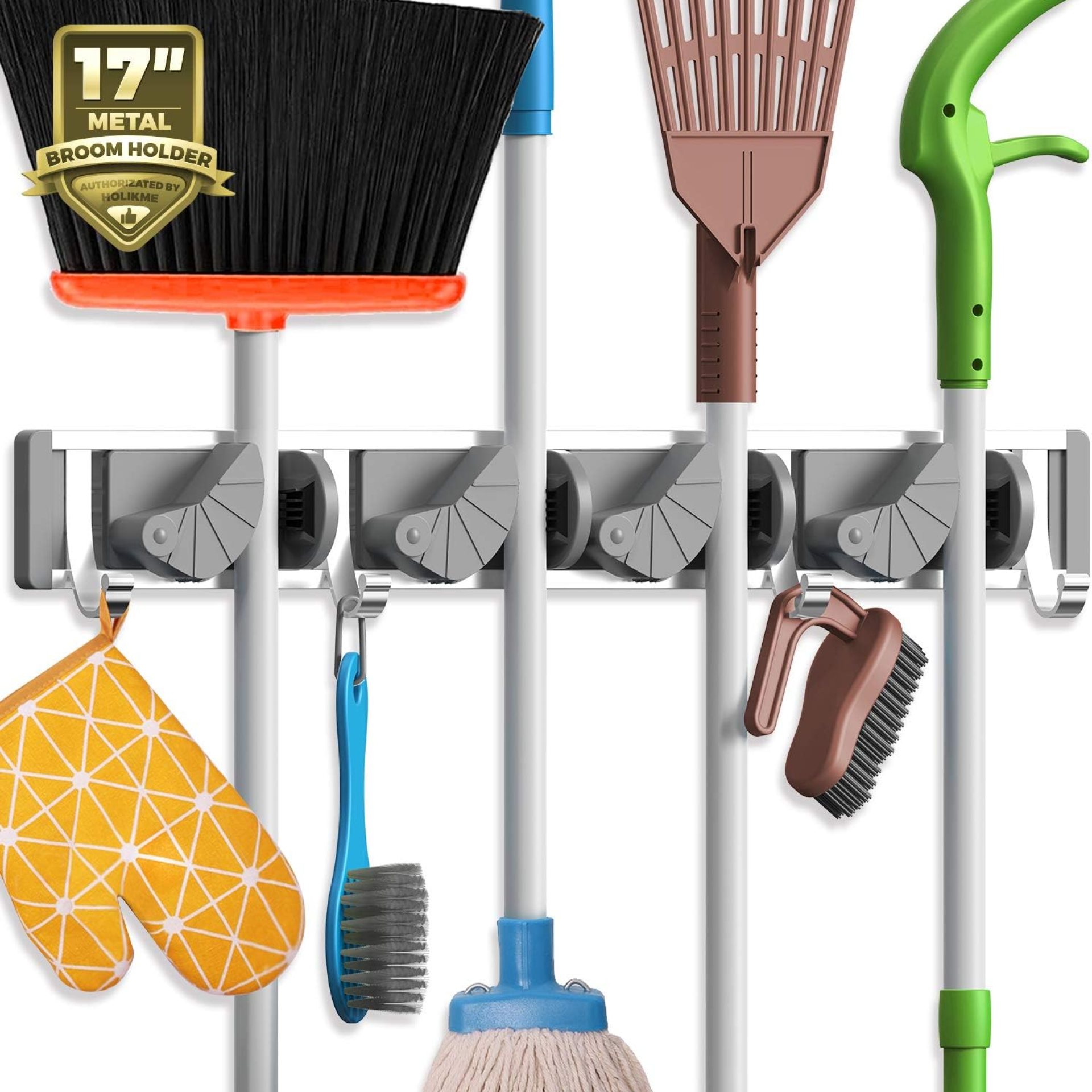 Holikme Mop Broom Holder Wall Mount Metal Pantry Organization and Storage Garden Kitchen Tool Organizer Wall Hanger for Home Goods (4 Positions with 4 Hooks, Silver) Holikme Mop Broom Holder Wall Mount Metal Pantry Organization and Storage Garden Kitchen Tool Organizer Wall Hanger for Home Goods (4 Positions with 4 Hooks, Silver)