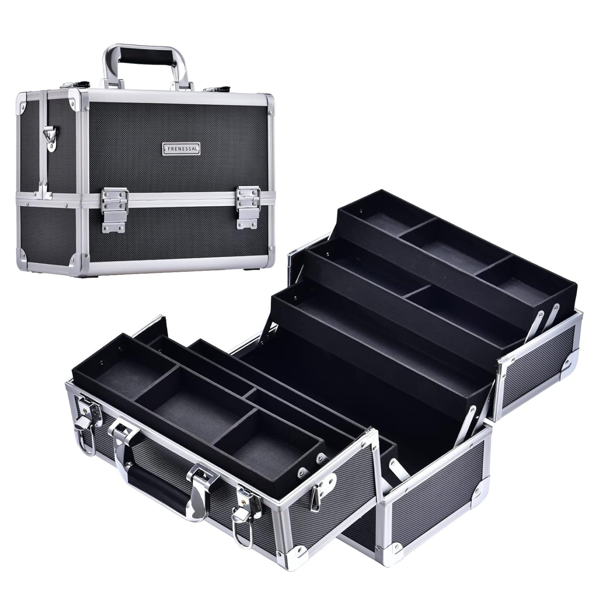 FRENESSA Makeup Train Case Large Cosmetic Box 6 Tier Trays with Compartments Professional Makeup Box Jewelry Storage Organizer Case Adjustable Bottom with Shoulder Strap – Black FRENESSA Makeup Train Case Large Cosmetic Box 6 Tier Trays with Compartments Professional Makeup Box Jewelry Storage Organizer Case Adjustable Bottom with Shoulder Strap – Black