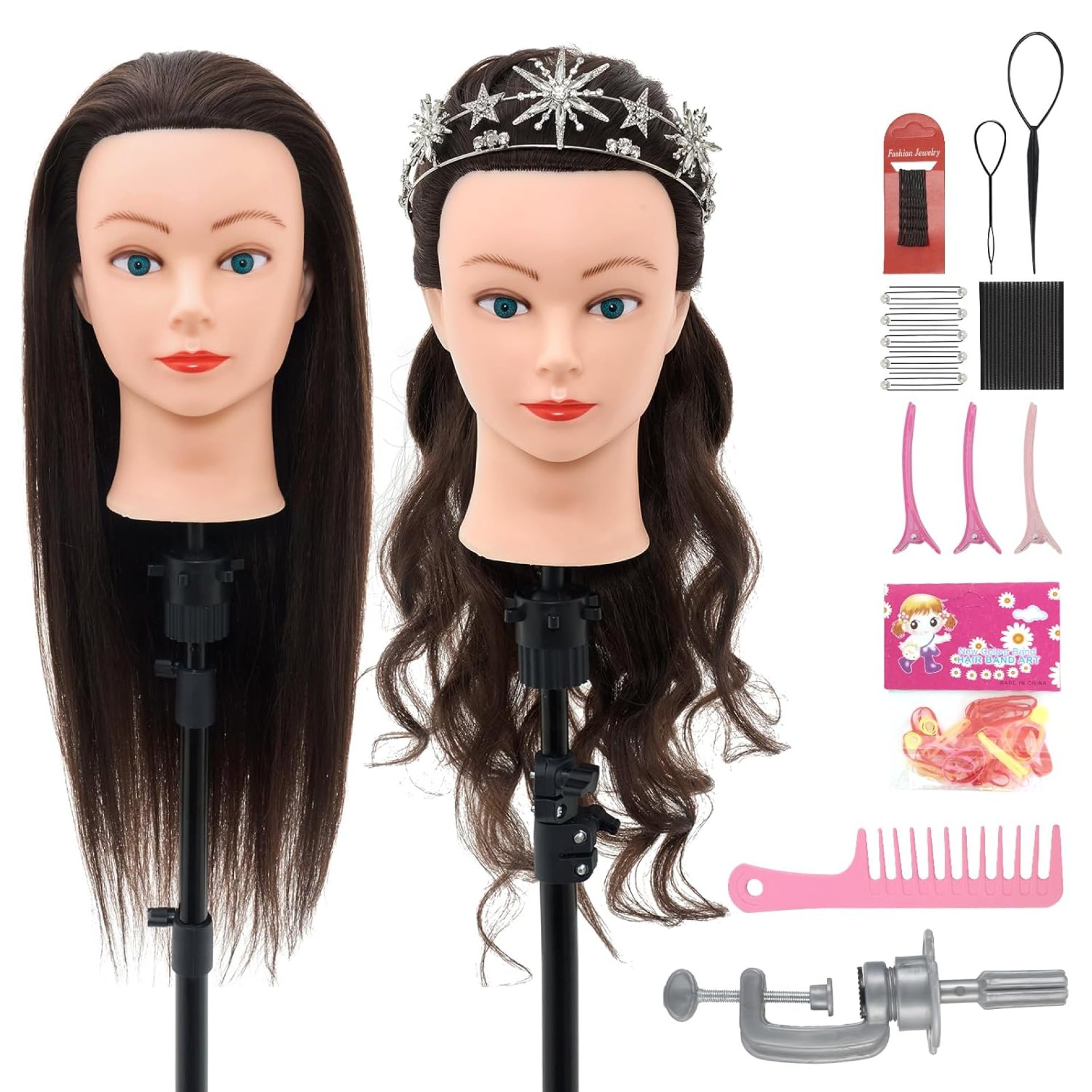 28Inch 60% Real Hair Mannequin Head, Cosmetology Mannequin Head with Hair for Braiding Curling Cuting,Doll Head for Hair Styling with Table Clamp Hair Styling Set(Dark Brown) 28Inch 60% Real Hair Mannequin Head, Cosmetology Mannequin Head with Hair for Braiding Curling Cuting,Doll Head for Hair Styling with Table Clamp Hair Styling Set(Dark Brown)