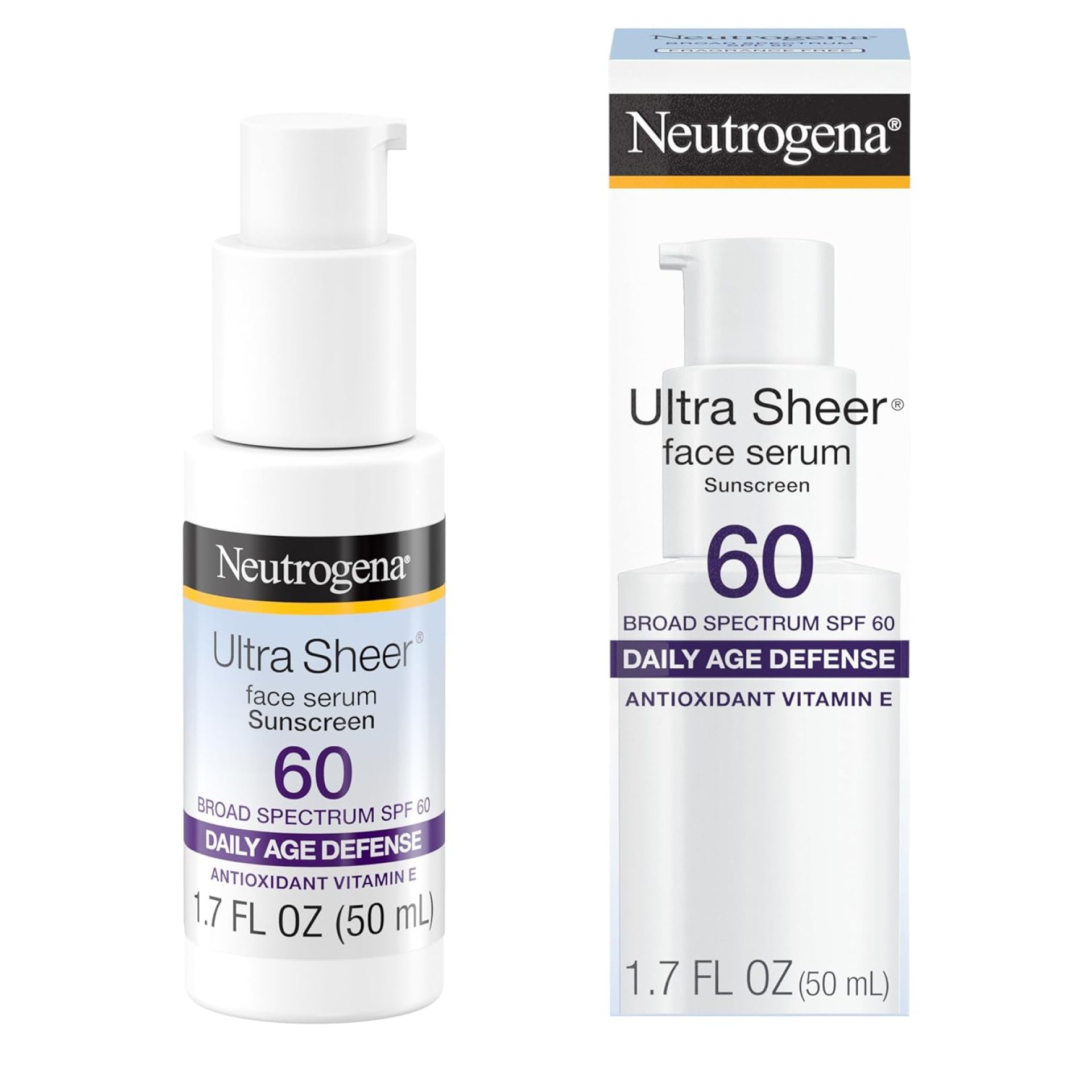 Neutrogena Ultra Sheer Moisturizing Face Serum with Vitamin E & SPF 60, All Day Facial Sunscreen Serum with Broad Spectrum UVA/UVB Protection, Fragrance-Free, Oxybenzone-Free, 1.7 Fl Oz Neutrogena Ultra Sheer Moisturizing Face Serum with Vitamin E & SPF 60, All Day Facial Sunscreen Serum with Broad Spectrum UVA/UVB Protection, Fragrance-Free, Oxybenzone-Free, 1.7 Fl Oz