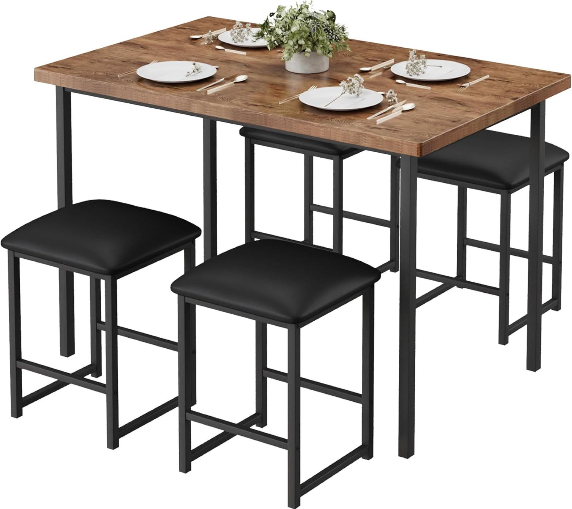 VECELO Kitchen Table and Chairs for 4, Dining Room Set with PU Chairs/Stools, Heavy-Duty Metal Frame, Wooden Tabletop, Space-Saving Design for Small Spaces, Easy Assembly, Rustic Brown VECELO Kitchen Table and Chairs for 4, Dining Room Set with PU Chairs/Stools, Heavy-Duty Metal Frame, Wooden Tabletop, Space-Saving Design for Small Spaces, Easy Assembly, Rustic Brown