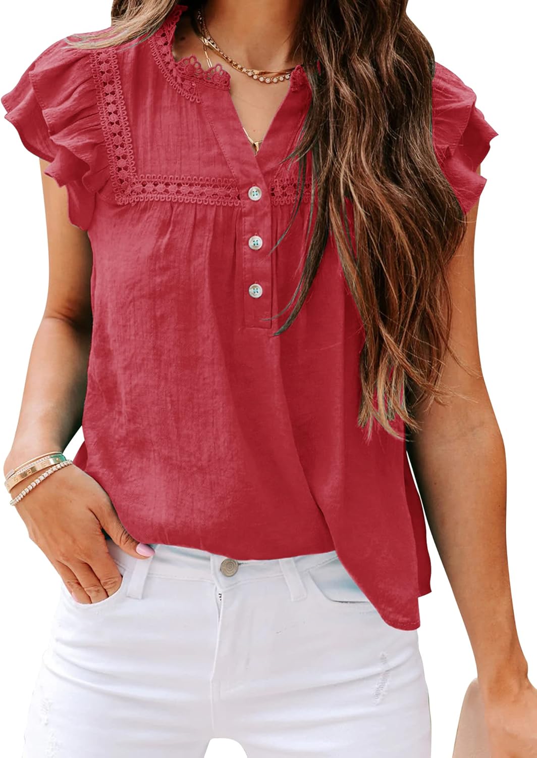 PRETTODAY Women’s V Neck Lace Crochet Shirts Button Down Short Sleeve Casual Blouse Tops PRETTODAY Women’s V Neck Lace Crochet Shirts Button Down Short Sleeve Casual Blouse Tops