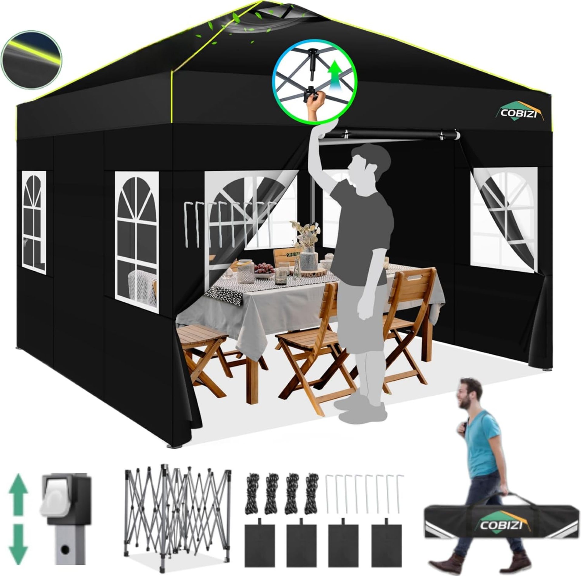 COBIZI 10×10 Pop up Canopy Tent with Sidewalls,One Person Setup, Waterproof,3 Adjustable Height,Outdoor Commercial Gazebo with Air Vent, Reflective Strip,4 Sandbags for Garden,Party, Beach,(Black) COBIZI 10×10 Pop up Canopy Tent with Sidewalls,One Person Setup, Waterproof,3 Adjustable Height,Outdoor Commercial Gazebo with Air Vent, Reflective Strip,4 Sandbags for Garden,Party, Beach,(Black)