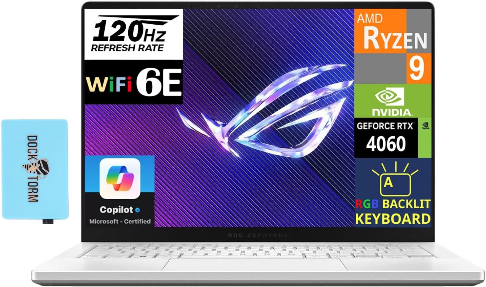 ASUS ROG Zephyrus G14 14.0″ OLED 120Hz QHD White Gaming Laptop (AMD Ryzen 9 8945HS, RTX 4060 8GB, 16GB LPDDR5X RAM, 2TB PCIe SSD, RGB Backlit KB, WiFi 6E, Bluetooth 5.3, Micro SD, Win11Pro) w/DKZ Hub ASUS ROG Zephyrus G14 14.0″ OLED 120Hz QHD White Gaming Laptop (AMD Ryzen 9 8945HS, RTX 4060 8GB, 16GB LPDDR5X RAM, 2TB PCIe SSD, RGB Backlit KB, WiFi 6E, Bluetooth 5.3, Micro SD, Win11Pro) w/DKZ Hub