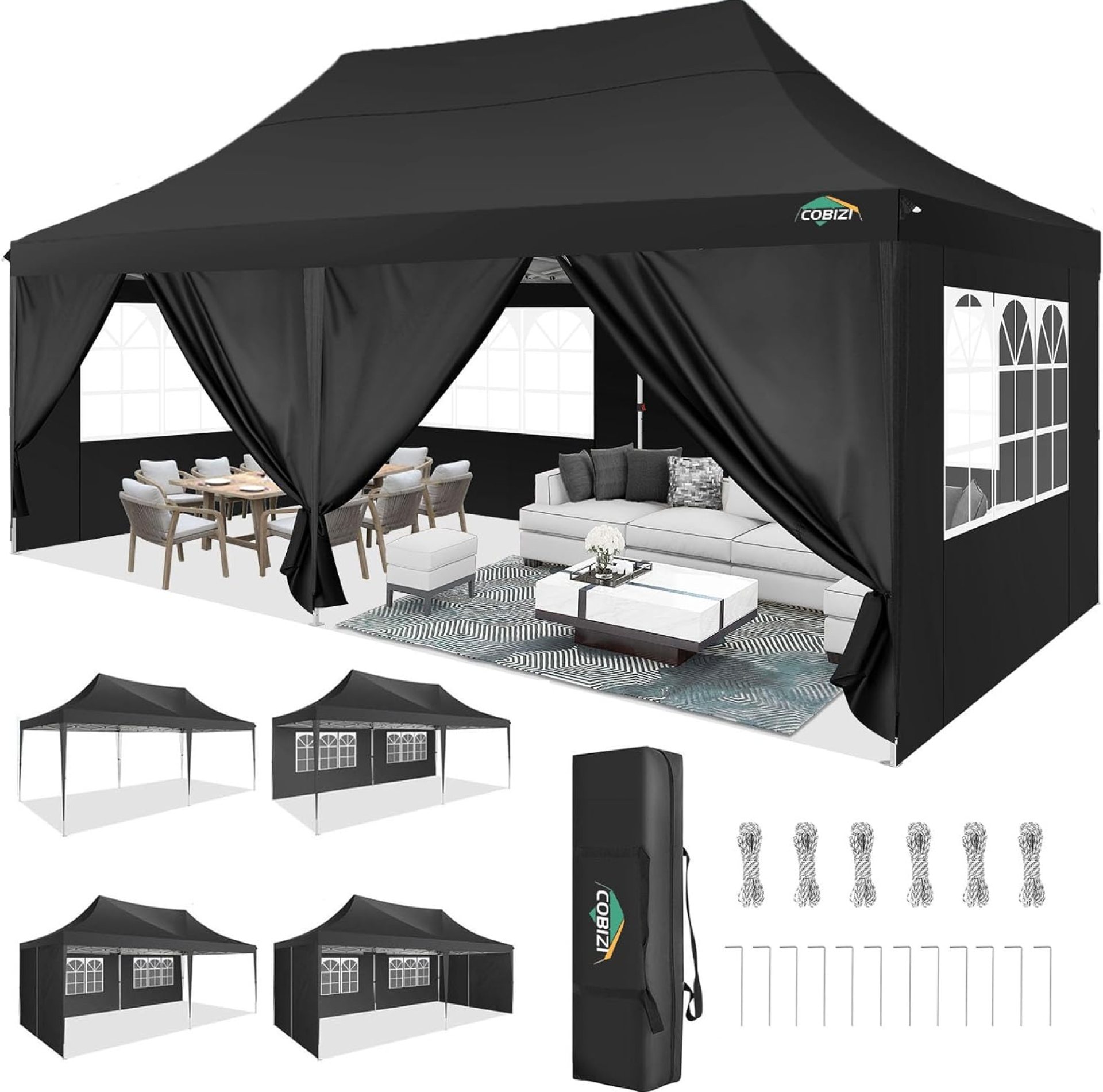 COBIZI 10×20 Pop Up Canopy with 6 Sidewall, Commercial Canopy UPF 50+ Waterproof Outdoor Gazebo with Carry Bag, Tents for Parties with Upgrade Frame, 3 Height Adjustable, Black COBIZI 10×20 Pop Up Canopy with 6 Sidewall, Commercial Canopy UPF 50+ Waterproof Outdoor Gazebo with Carry Bag, Tents for Parties with Upgrade Frame, 3 Height Adjustable, Black
