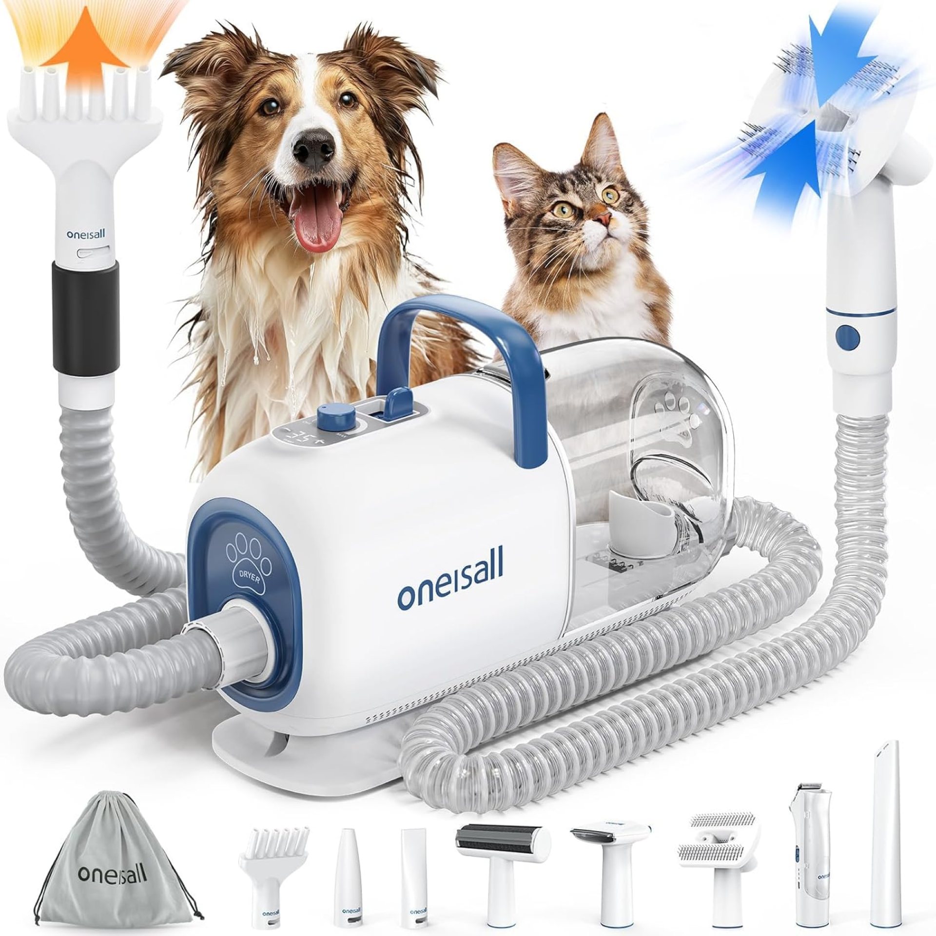 oneisall Dog Vacuum & Dryer for Shedding Grooming, 8 in 1 Dog Grooming Kit with Metal Blades Pet Clippers, Adjustable Speed and Temperature Control Dog Blower oneisall Dog Vacuum & Dryer for Shedding Grooming, 8 in 1 Dog Grooming Kit with Metal Blades Pet Clippers, Adjustable Speed and Temperature Control Dog Blower
