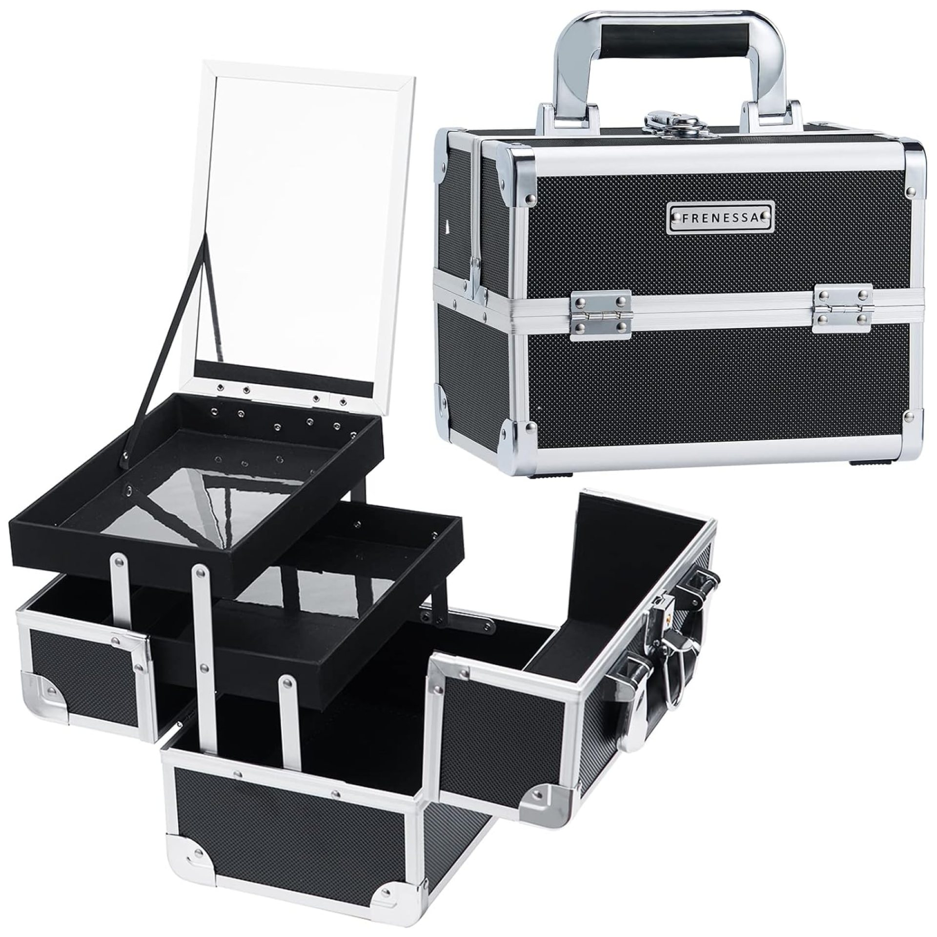 FRENESSA Makeup Train Case Cosmetic Organizer Case Portable Makeup Box with Mirror 2 Trays Lockable Make up Travel Storage Case for Makeup Artist, Nail Kits, Makeup Tools Makeup Case Modern Black FRENESSA Makeup Train Case Cosmetic Organizer Case Portable Makeup Box with Mirror 2 Trays Lockable Make up Travel Storage Case for Makeup Artist, Nail Kits, Makeup Tools Makeup Case Modern Black