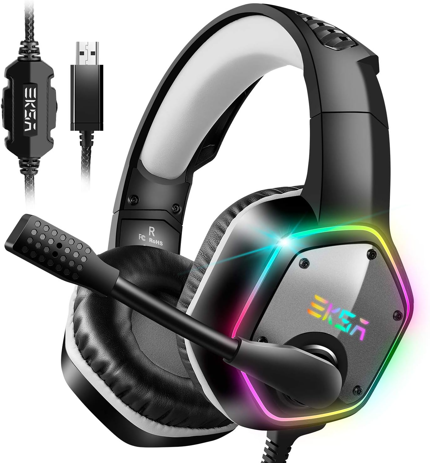 EKSA E1000 USB Gaming Headset for PC, Computer Headphones with Microphone/Mic Noise Cancelling, 7.1 Surround Sound, RGB Light – Wired Headphones for PS4, PS5 Console, Laptop, Call Center EKSA E1000 USB Gaming Headset for PC, Computer Headphones with Microphone/Mic Noise Cancelling, 7.1 Surround Sound, RGB Light – Wired Headphones for PS4, PS5 Console, Laptop, Call Center