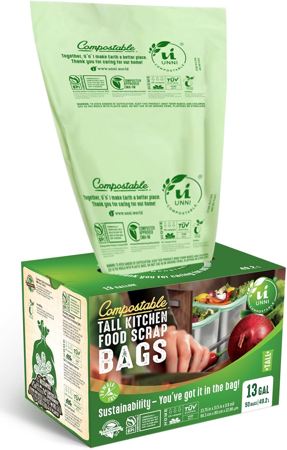 UNNI Compostable Liner Bags, 13 Gallon, 49.2 Liter, 50 Count, Heavy Duty 0.9 Mil, Tall Kitchen Food Scrap Waste Bags, ASTM D6400, US BPI, CMA and Europe OK compost HOME Certified, San Francisco UNNI Compostable Liner Bags, 13 Gallon, 49.2 Liter, 50 Count, Heavy Duty 0.9 Mil, Tall Kitchen Food Scrap Waste Bags, ASTM D6400, US BPI, CMA and Europe OK compost HOME Certified, San Francisco