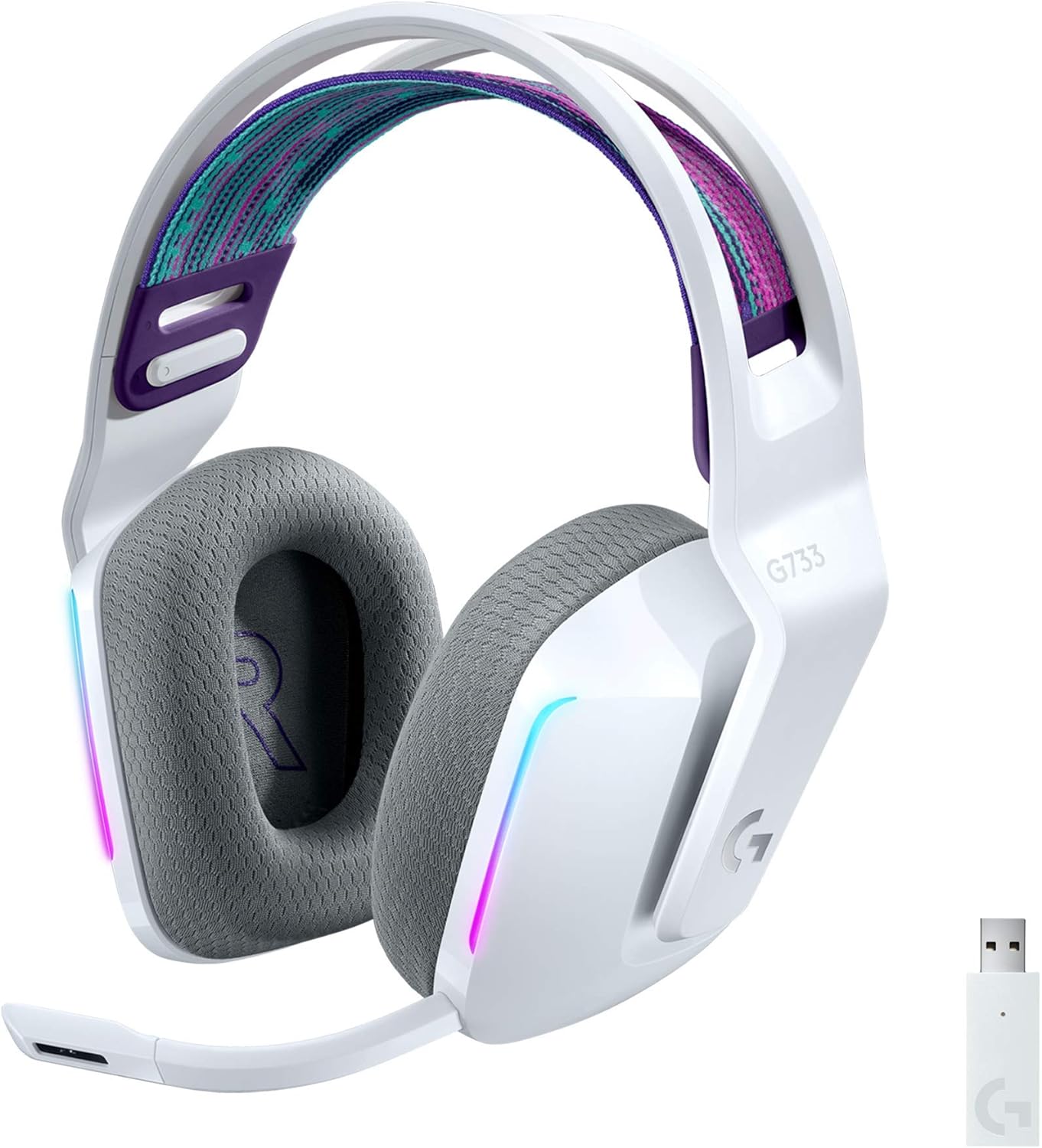 Logitech G733 Lightspeed Wireless Gaming Headset with Suspension Headband, LIGHTSYNC RGB, Blue VO!CE mic Technology and PRO-G Audio Drivers – White (Renewed) Logitech G733 Lightspeed Wireless Gaming Headset with Suspension Headband, LIGHTSYNC RGB, Blue VO!CE mic Technology and PRO-G Audio Drivers – White (Renewed)