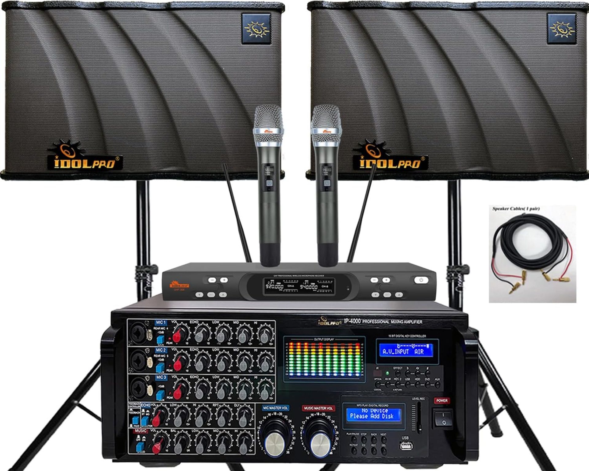 IDOLpro 3000W Bluetooth Mixing Amplifier, 10″ Speakers,and Dual Wireless Microphones Karaoke System Free Speaker Stand & Cables IDOLpro 3000W Bluetooth Mixing Amplifier, 10″ Speakers,and Dual Wireless Microphones Karaoke System Free Speaker Stand & Cables