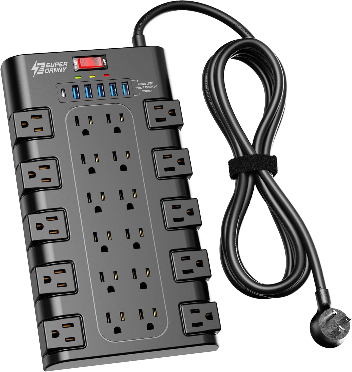 Power Strip, SUPERDANNY Surge Protector with 22 AC Outlets and 6 USB Charging Ports, 1875W/15A, 2100 Joules, 6.5Ft Flat Plug Heavy Duty Extension Cord for Home, Office, Dorm, Gaming Room, Black Power Strip, SUPERDANNY Surge Protector with 22 AC Outlets and 6 USB Charging Ports, 1875W/15A, 2100 Joules, 6.5Ft Flat Plug Heavy Duty Extension Cord for Home, Office, Dorm, Gaming Room, Black
