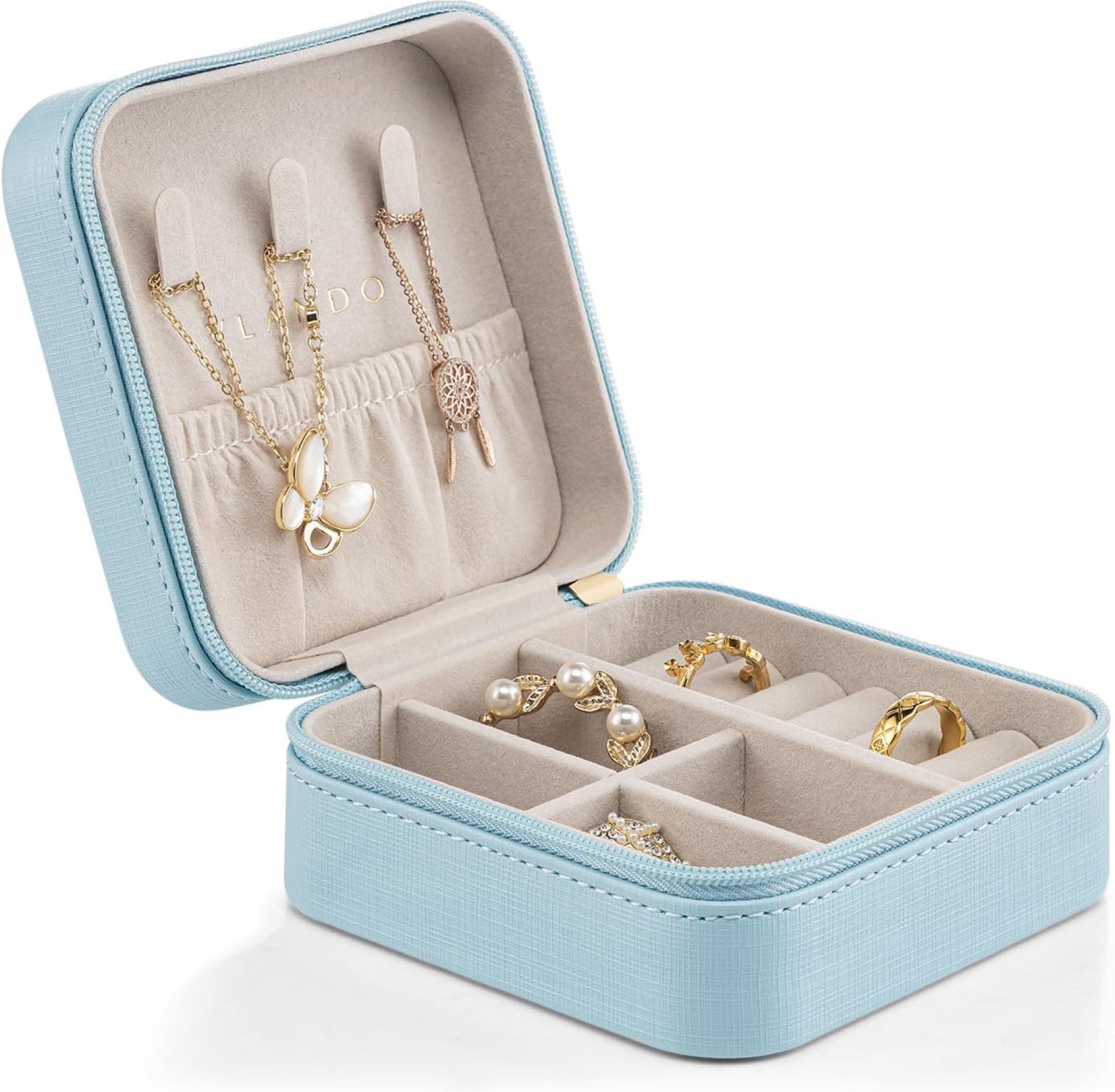 Vlando Small Travel Jewelry Box Organizer Display Case for Girls Women Gift Rings Earrings Necklaces Storage, Blue Vlando Small Travel Jewelry Box Organizer Display Case for Girls Women Gift Rings Earrings Necklaces Storage, Blue