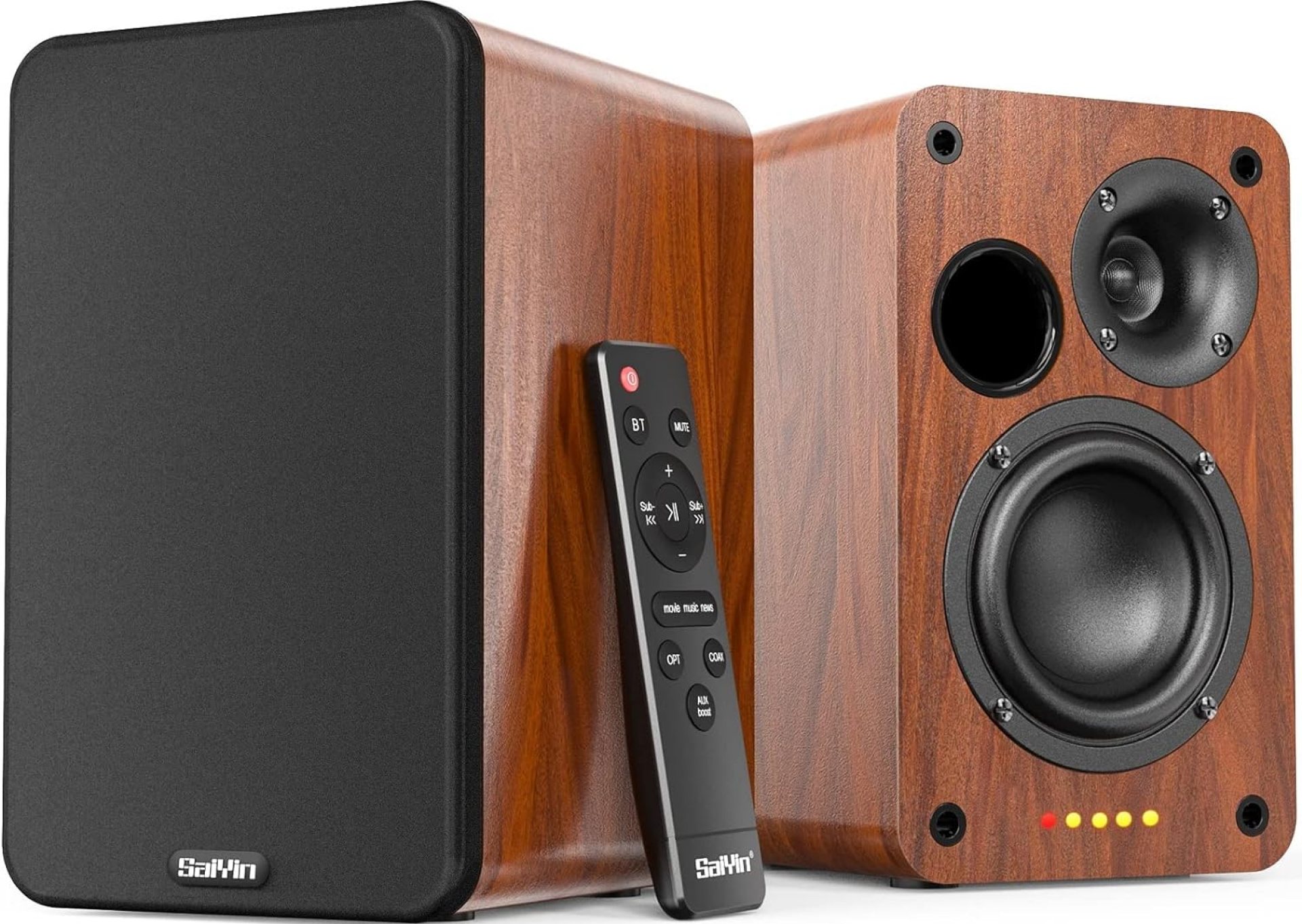 Saiyin Bluetooth Bookshelf Speakers, 30W X 2 Powered TV Speakers with 3.5 Inch Woofer, Turntable Speakers with Optical/AUX/RCA Input for PC and TV Saiyin Bluetooth Bookshelf Speakers, 30W X 2 Powered TV Speakers with 3.5 Inch Woofer, Turntable Speakers with Optical/AUX/RCA Input for PC and TV