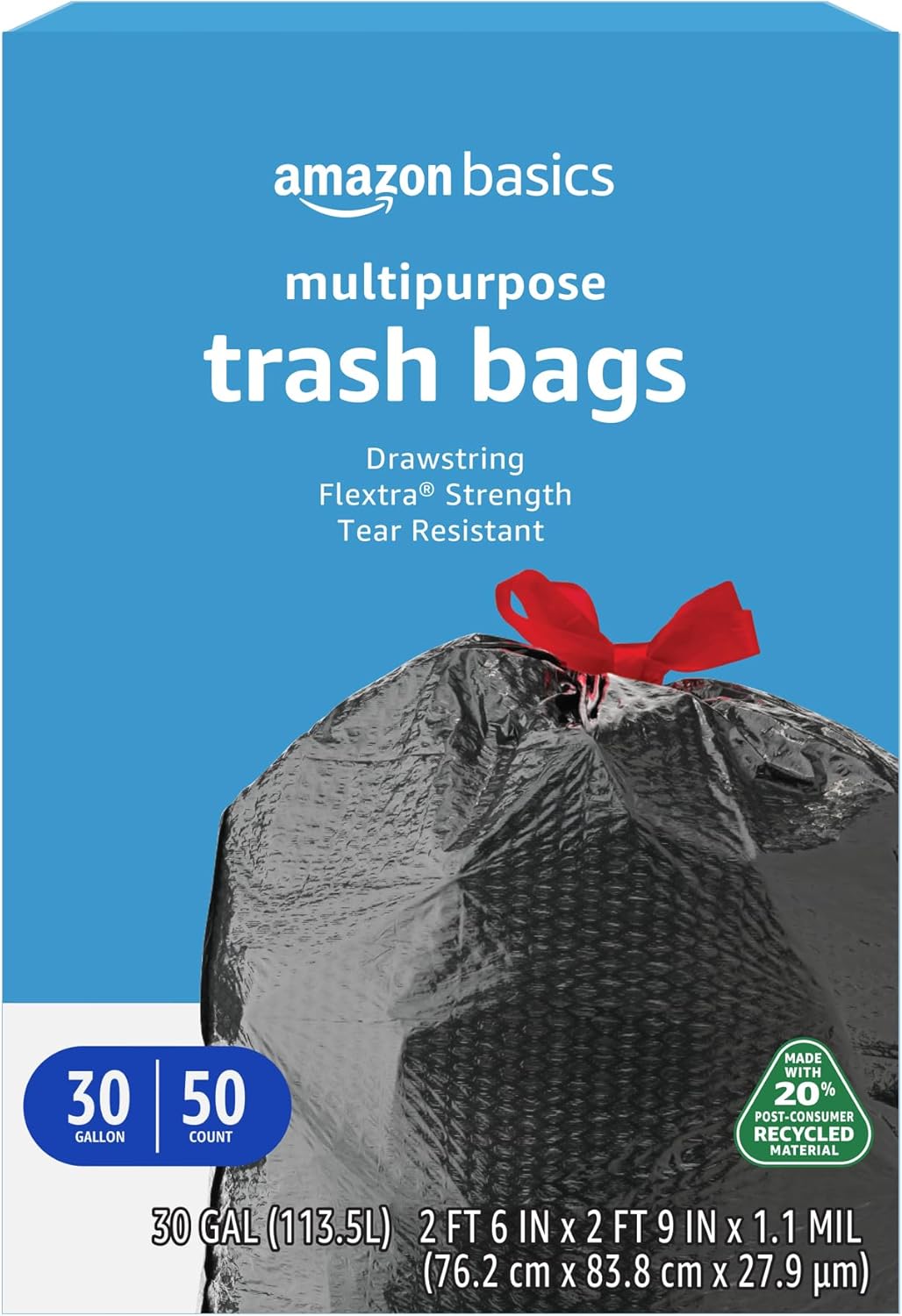 Amazon Basics Flextra Multipurpose Drawstring Trash Bags, 20% Post Consumer Recycled Content, 30 Gallon, 50 Count, Pack of 1 Amazon Basics Flextra Multipurpose Drawstring Trash Bags, 20% Post Consumer Recycled Content, 30 Gallon, 50 Count, Pack of 1