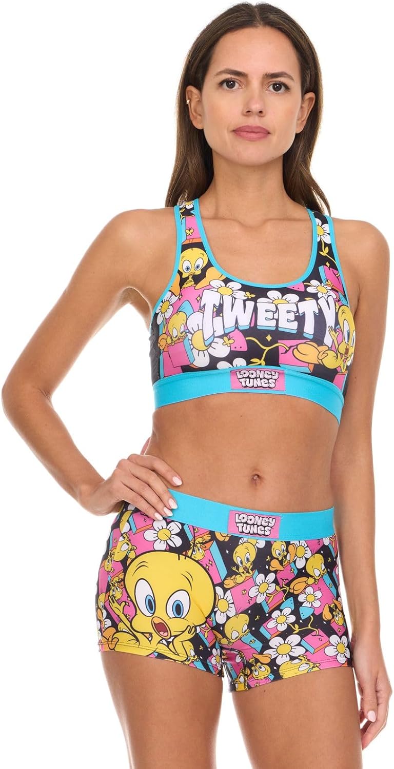 Looney Tunes Women’s Sports Bra and Boxer Briefs Underwear Set with Racerback and Removable Pads Looney Tunes Women’s Sports Bra and Boxer Briefs Underwear Set with Racerback and Removable Pads