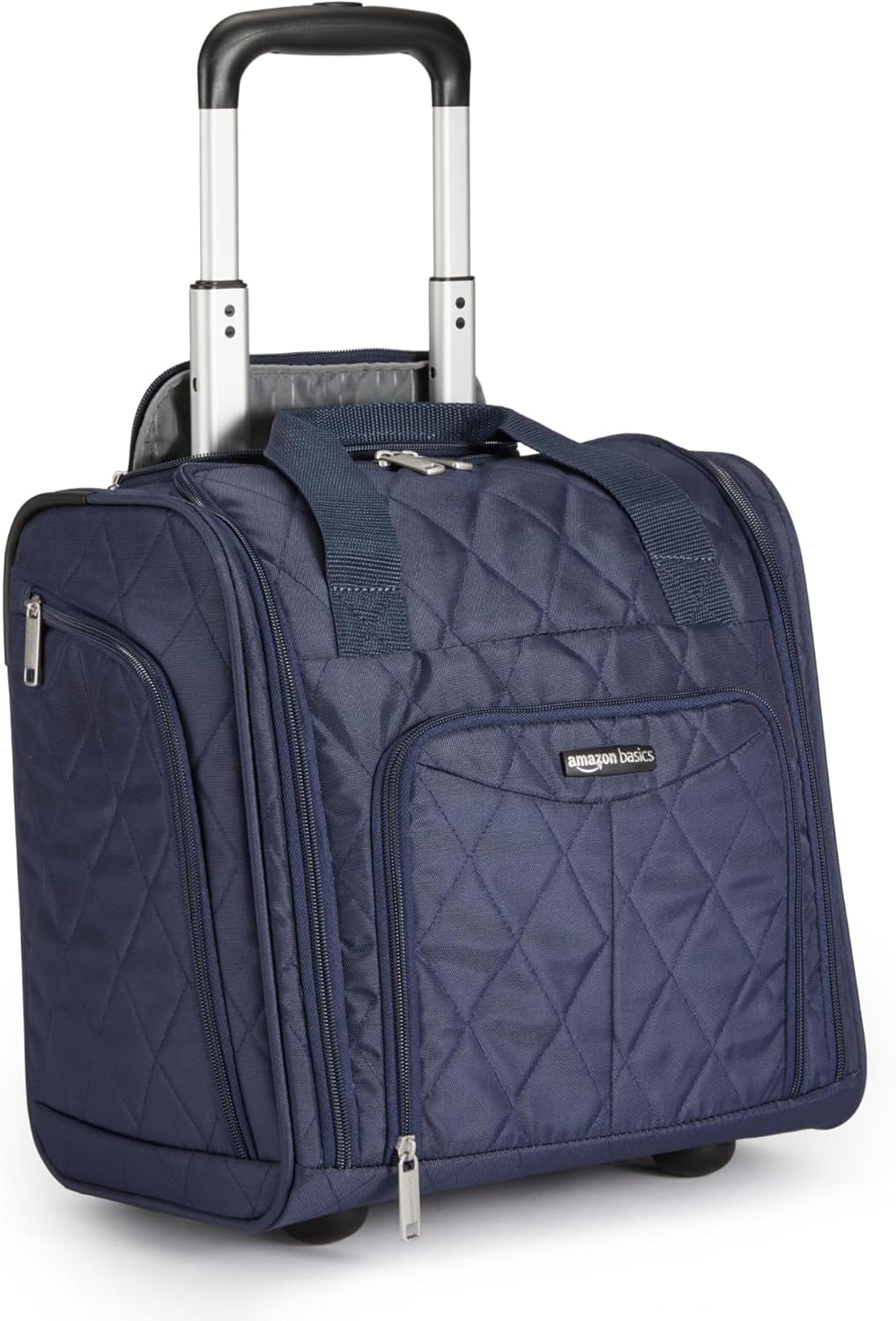 Amazon Basics Underseat Carry On Luggage with Wheels – 14″ Rolling Travel Bag, Navy Quilted Amazon Basics Underseat Carry On Luggage with Wheels – 14″ Rolling Travel Bag, Navy Quilted
