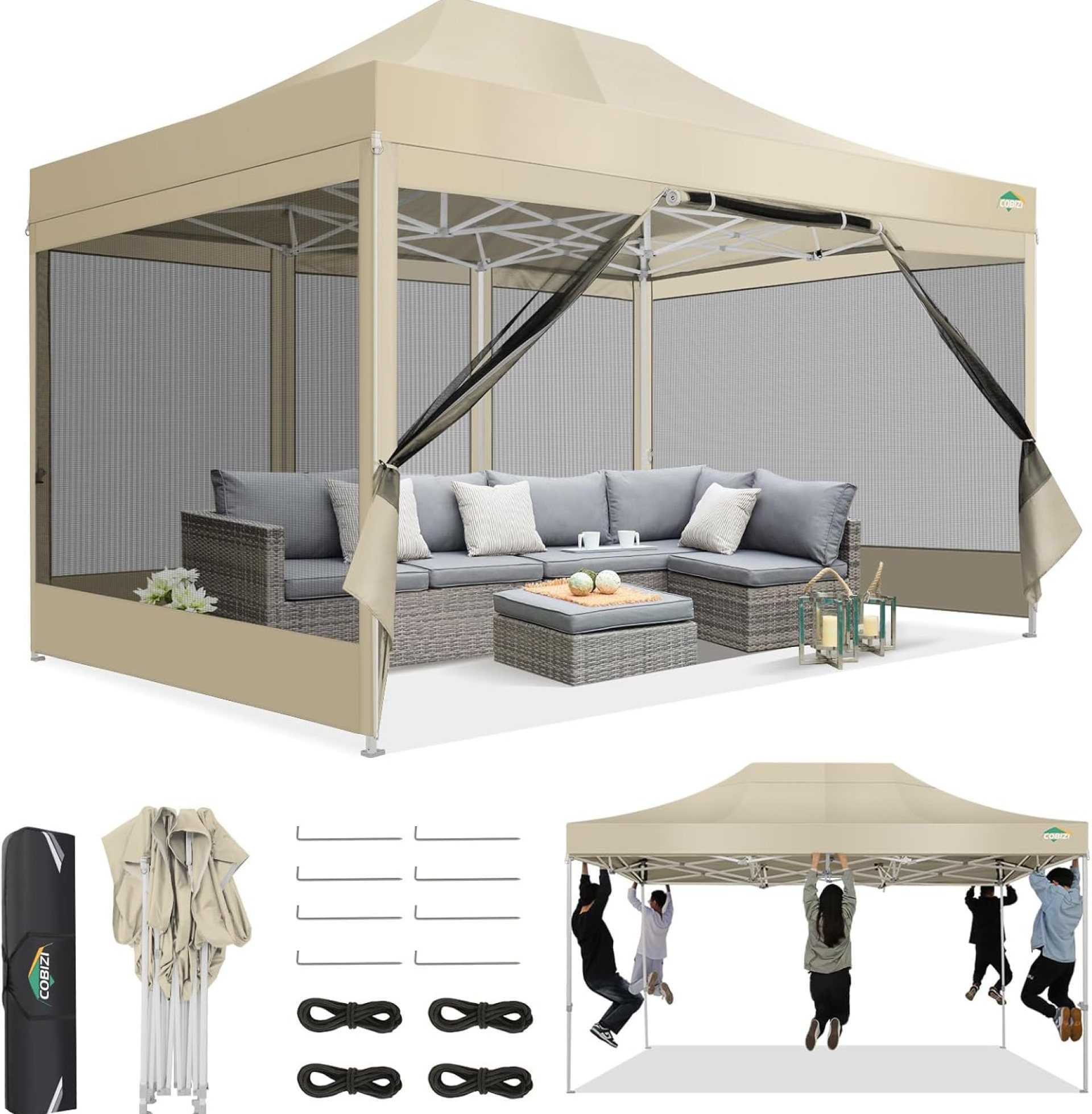 COBIZI 10×15 Canopy Tent, Heavy Duty Pop up Canopy with Sidewalls, Waterproof Easy Setup Canopy with Mosquito Netting, Outdoor Instant Screen Tents for Parties, Wedding, Backyard with Carry Bag, Khaki COBIZI 10×15 Canopy Tent, Heavy Duty Pop up Canopy with Sidewalls, Waterproof Easy Setup Canopy with Mosquito Netting, Outdoor Instant Screen Tents for Parties, Wedding, Backyard with Carry Bag, Khaki