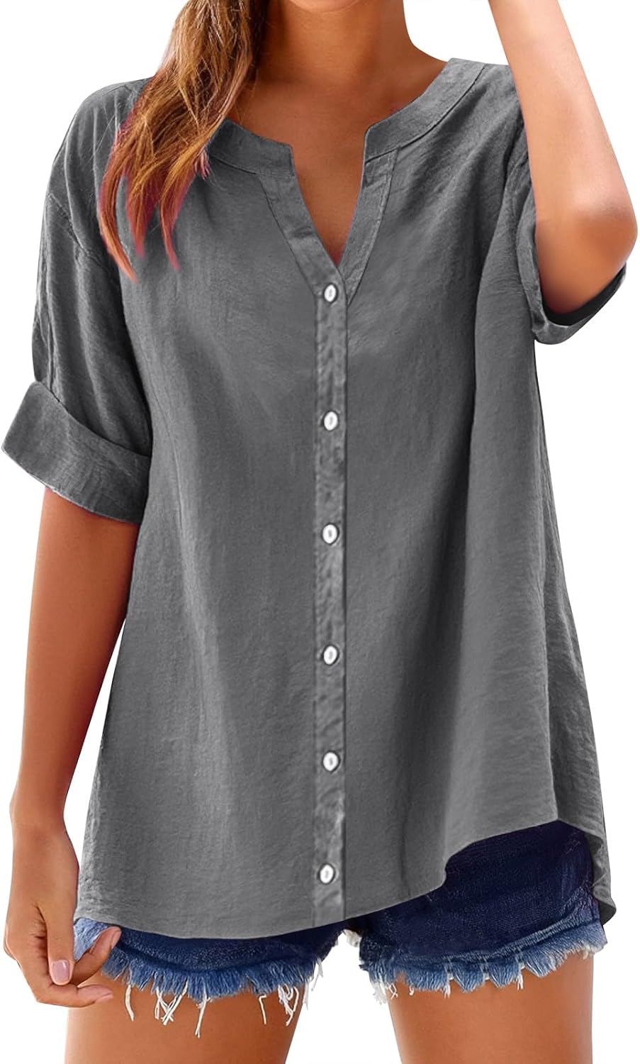 Summer Linen Work Tops for Women Trendy Button Down Plus Size V Neck Boho Clothes Spring Tops for Women 2025 Summer Linen Work Tops for Women Trendy Button Down Plus Size V Neck Boho Clothes Spring Tops for Women 2025
