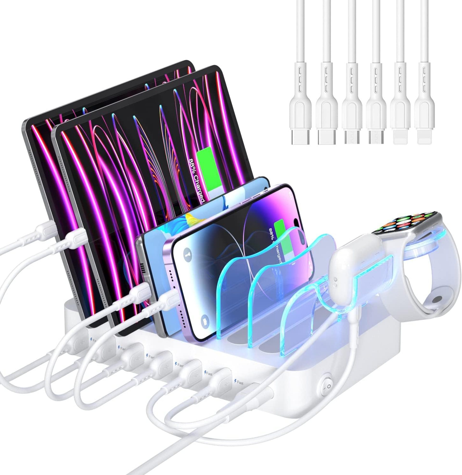SooPii Premium 6-Port USB Charging Station Organizer for Multiple Devices, 6 Short Charging Cables and One Upgraded i-Watch Charger Holder Included, for Phones, Tablets, and Other Electronics, White SooPii Premium 6-Port USB Charging Station Organizer for Multiple Devices, 6 Short Charging Cables and One Upgraded i-Watch Charger Holder Included, for Phones, Tablets, and Other Electronics, White