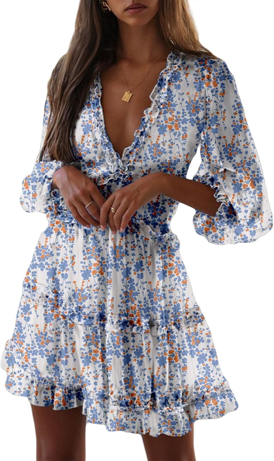 Dokotoo Womens 2025 Spring Summer Deep V Neck Long Sleeve Backless Ruffle Floral Flowy Mini Dress Dokotoo Womens 2025 Spring Summer Deep V Neck Long Sleeve Backless Ruffle Floral Flowy Mini Dress