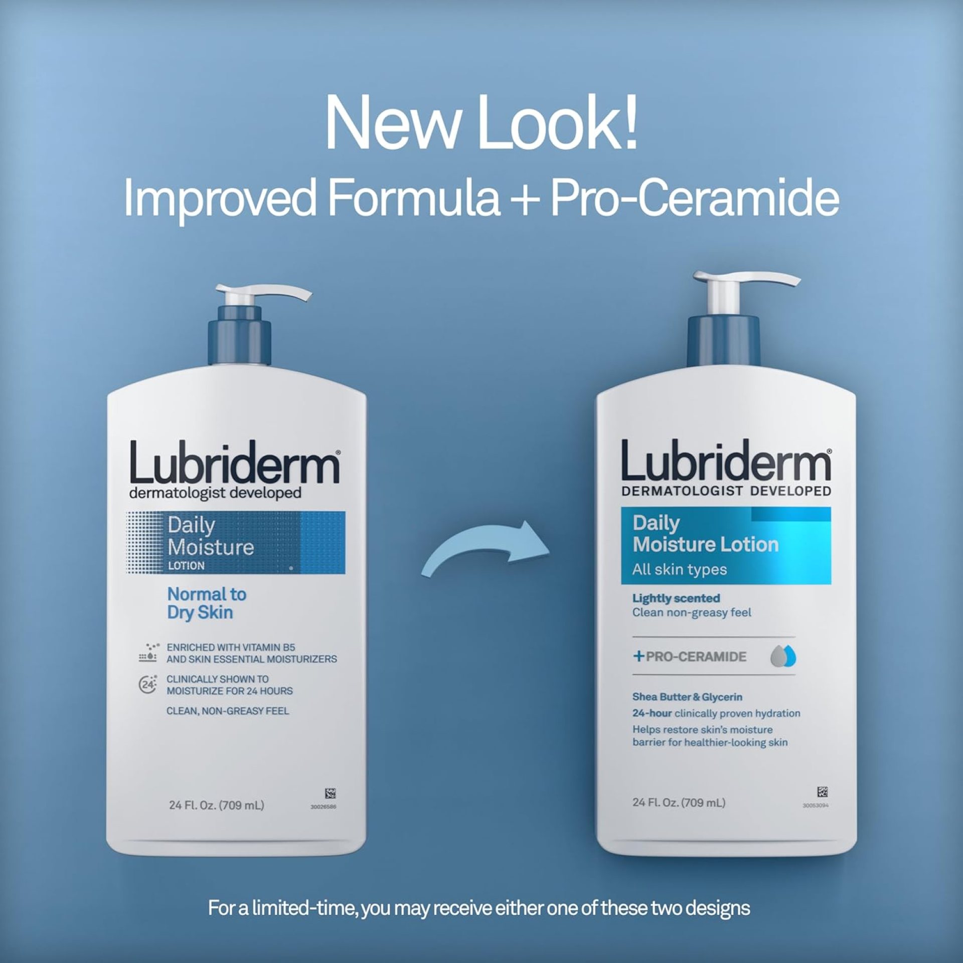 Lubriderm Daily Moisture Lotion + Pro-Ceramide with Shea Butter & Glycerin Helps Moisturize Dry Skin, Hydrating Face, Hand & Body Lotion is Lightly Scented & Non-Greasy, 24 fl. oz (Pack of 2) Lubriderm Daily Moisture Lotion + Pro-Ceramide with Shea Butter & Glycerin Helps Moisturize Dry Skin, Hydrating Face, Hand & Body Lotion is Lightly Scented & Non-Greasy, 24 fl. oz (Pack of 2)