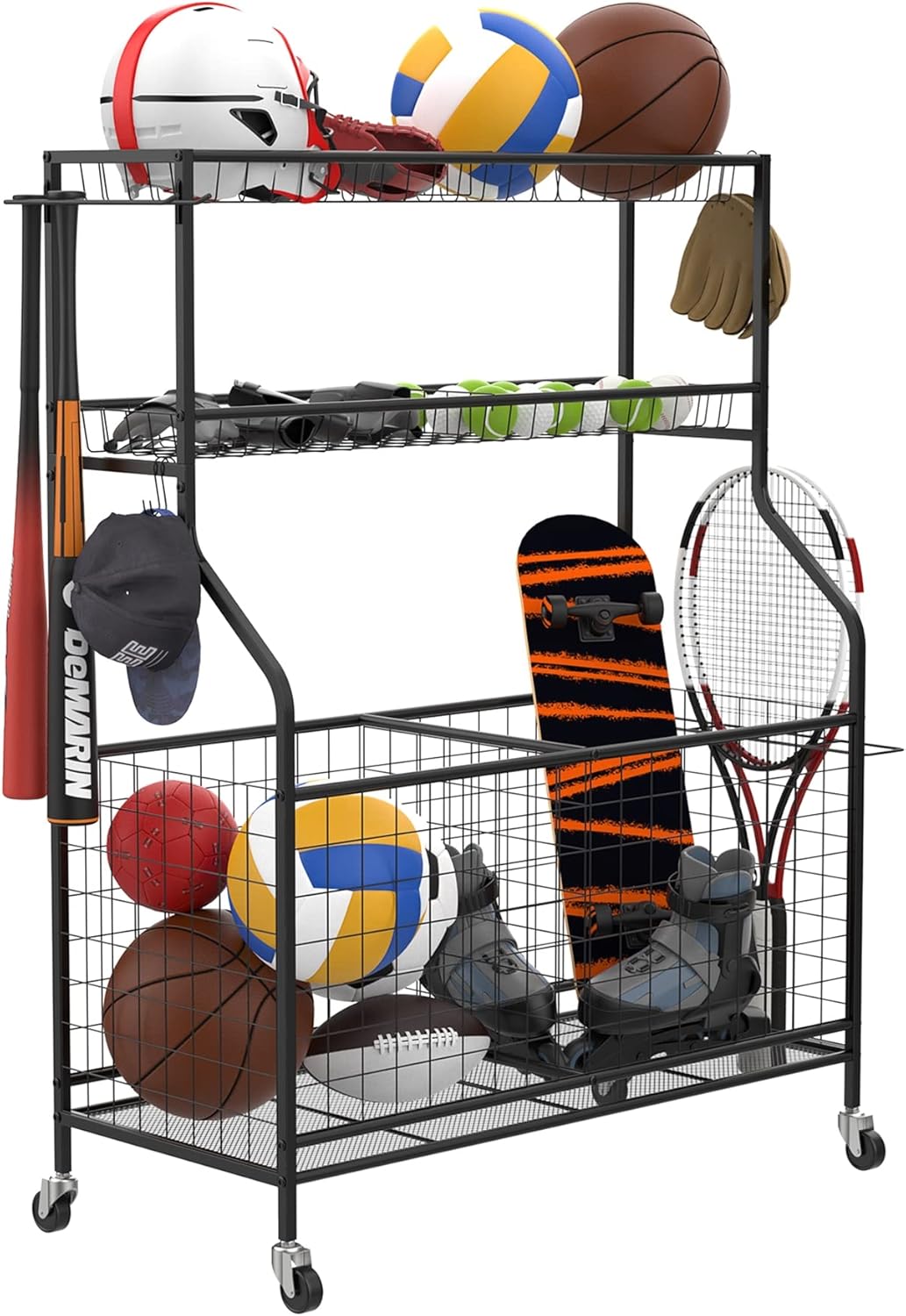 Garage Ball and Sports Equipment Organizer, Ball Storage Rack Indoor/Outdoor Kids Ball/Toy Storage Organizer Bins, Rolling Ball Cart with Baskets Garage Ball and Sports Equipment Organizer, Ball Storage Rack Indoor/Outdoor Kids Ball/Toy Storage Organizer Bins, Rolling Ball Cart with Baskets